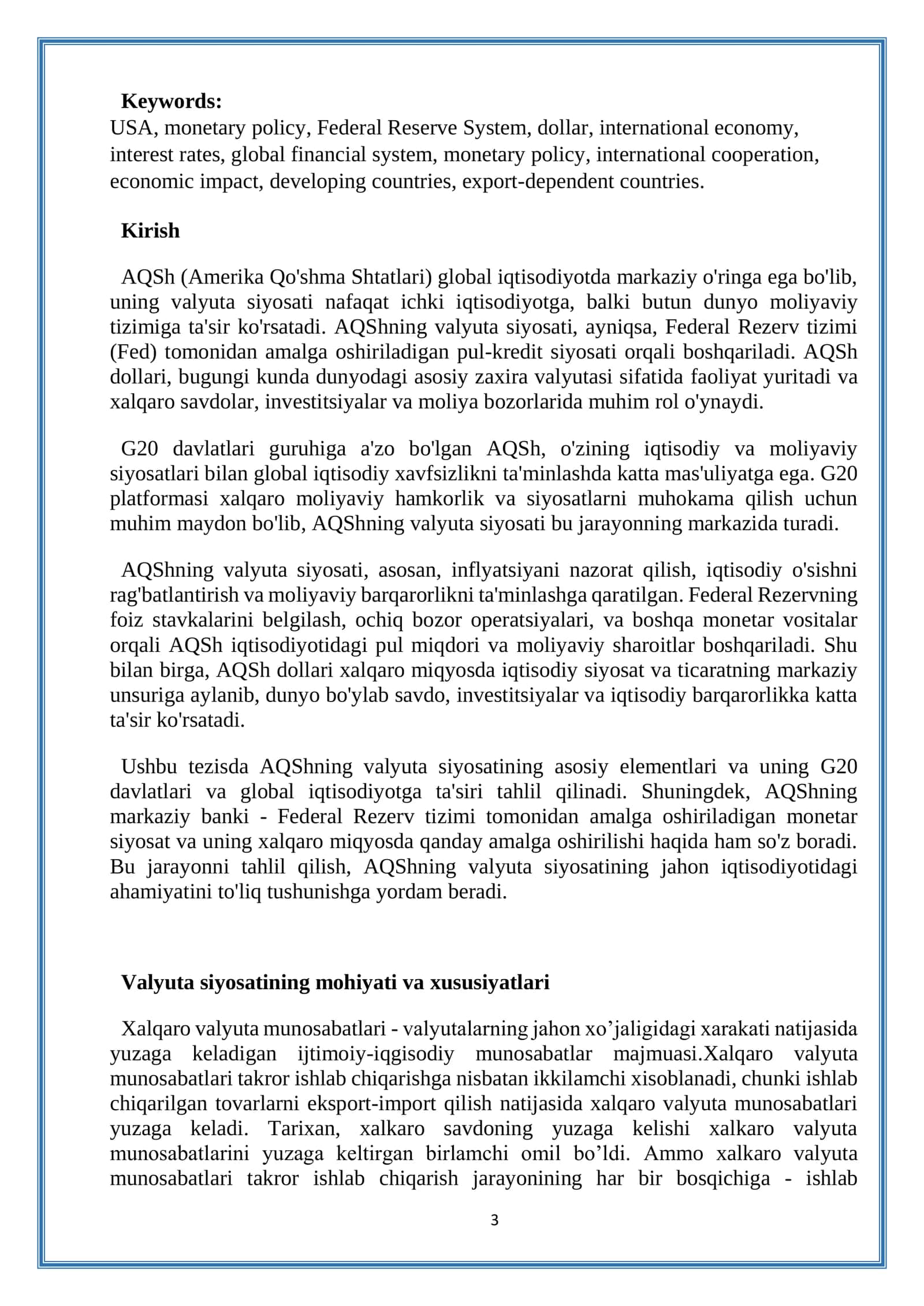 G20 davlatlari tarkibiga kiruvchi AQSH davlat valyuta siyosatini tahlil qilish asosida tayyorlagan 3