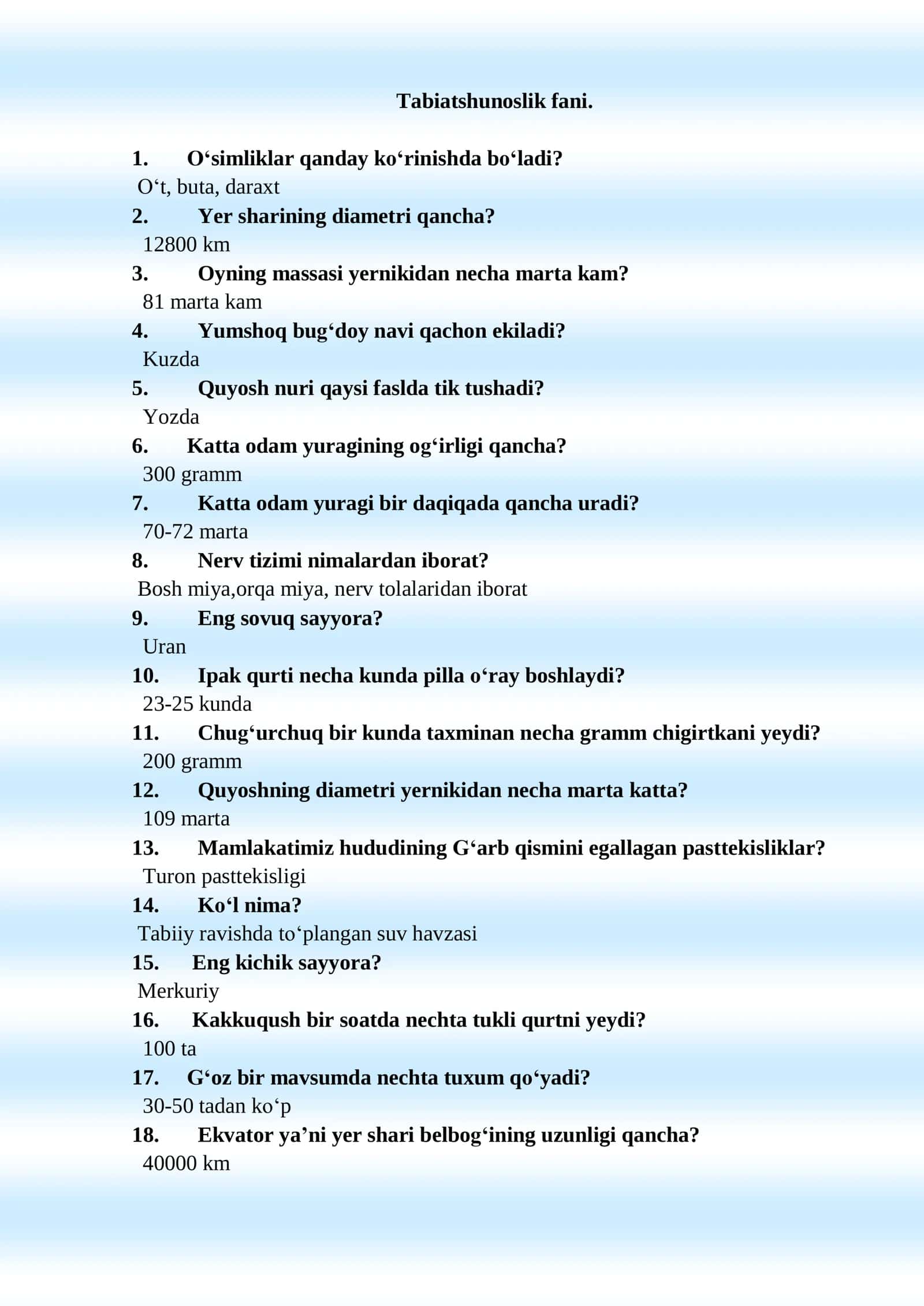800 ta savolga 800 ta javob Testlar to'plami 3
