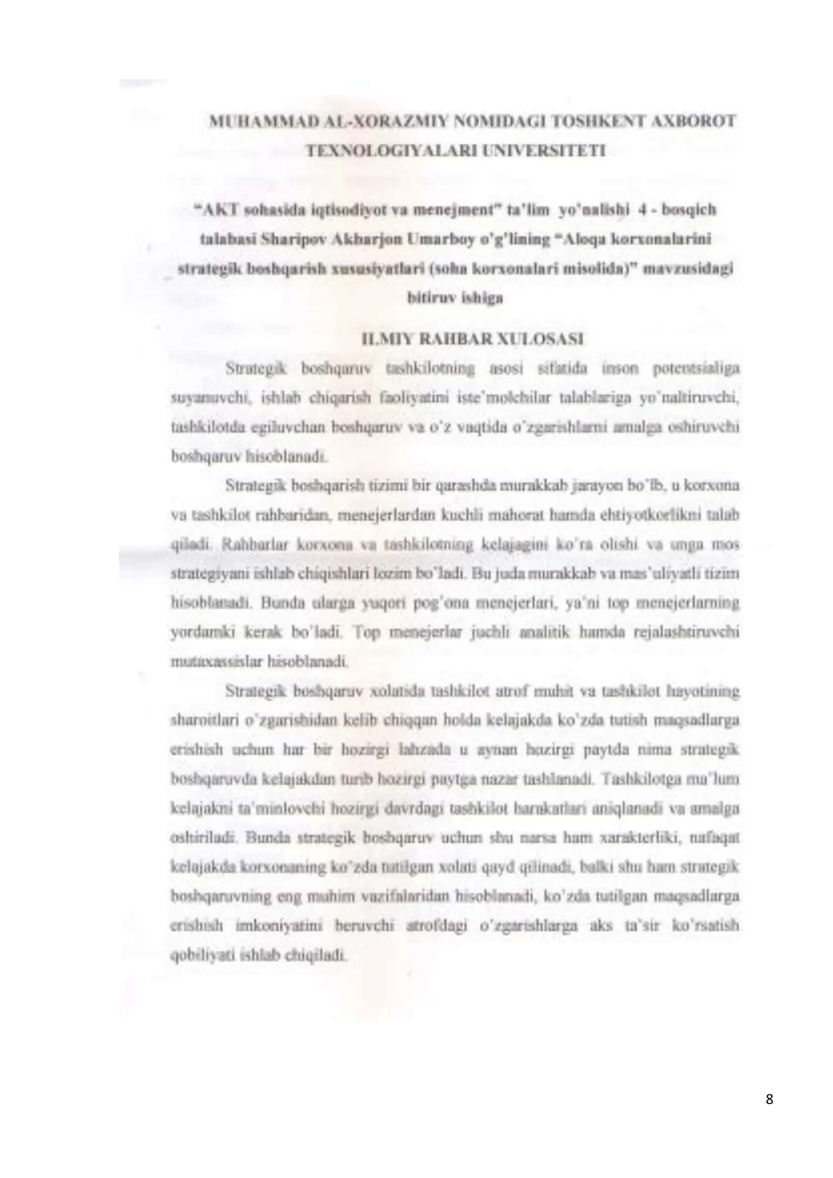 O'ZBEKTELEKOM AK Namangan Filialini Strategik Boshqarish Xususiyatlari 3