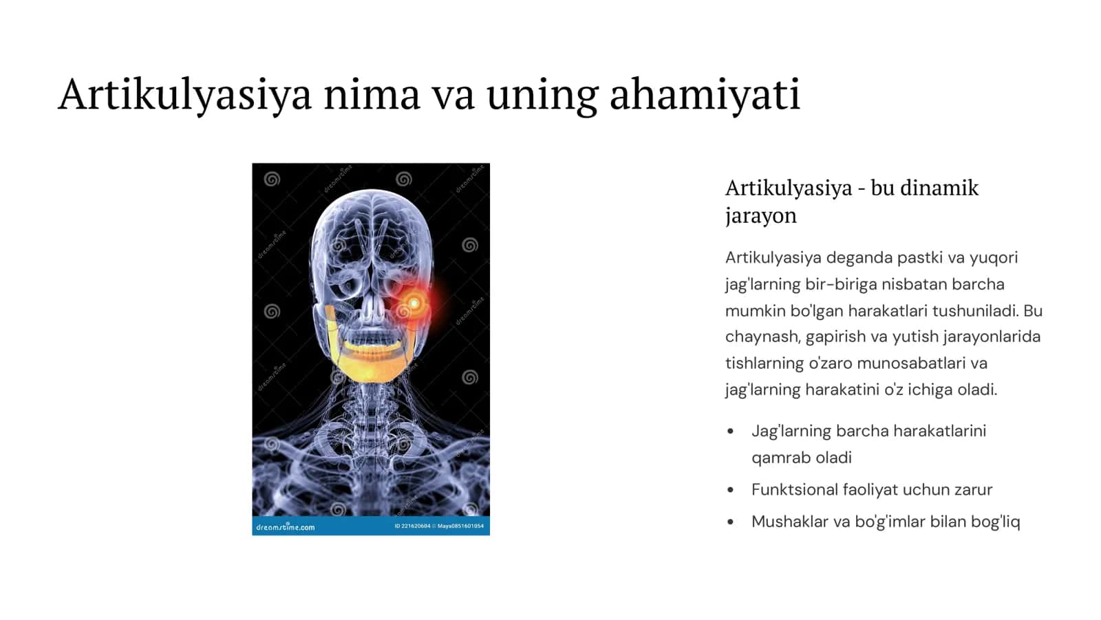 Artikulyasiya va okklyuziya, uning turlari. CHaynov va yuz mushaklari. Temporomandibulyar bo‘g‘im (CHPJB). Pastki jag‘ning biodinamikasi. Pastki jag‘ harakatini tasvirlab beradigan asboblar. Yuzning yoysimon aylanasi. 3