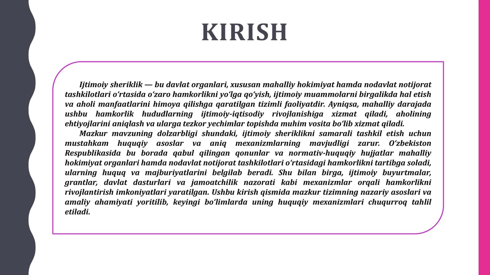 IJTIMOIY SHERIKLIK MAHALLIY HOKIMIYAT VA NODAVLAT NOTIJORAT TASHKILOTLARI O‘RTASIDAGI HAMKORLIKNING HUQUQIY MEXANIZMLARI 3