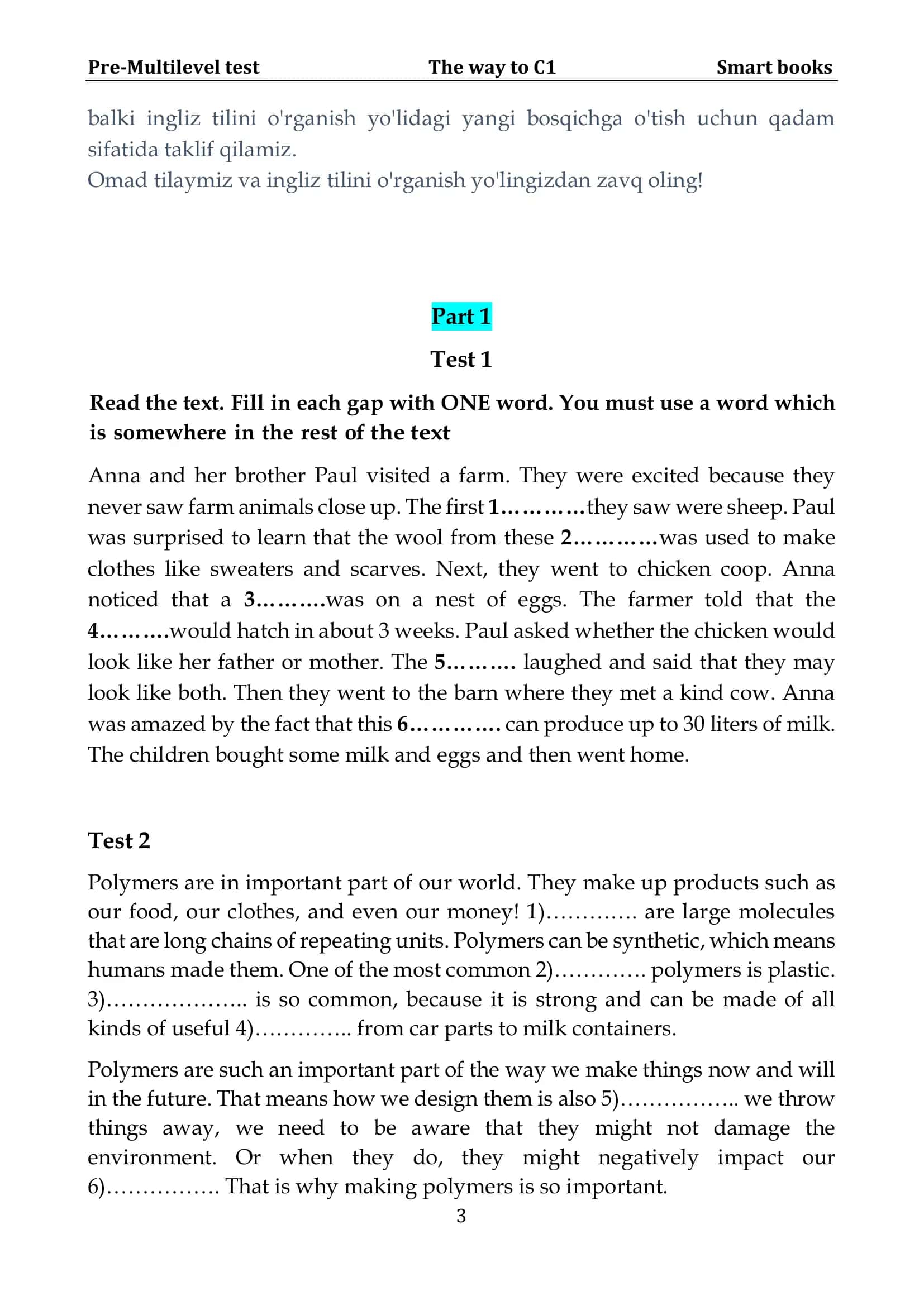 PRE-MULTILEVEL TEST Reading kitobi 3