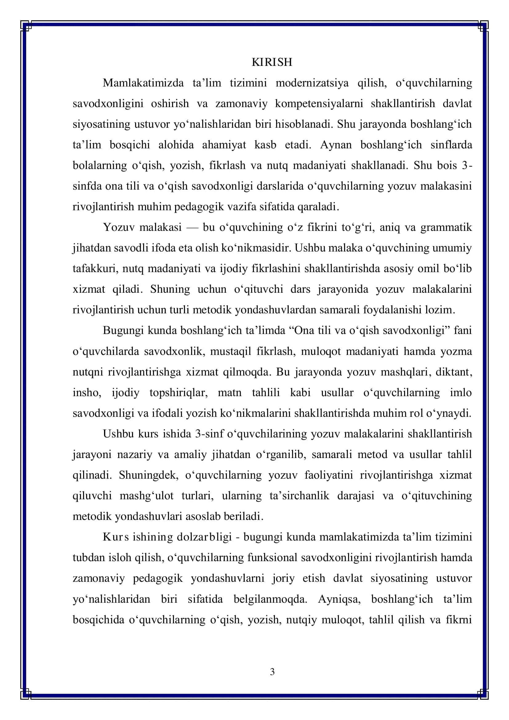 3-sinfda ona tili va o‘qish savodxonligi darslarida o‘quvchilarning yozuv malakalarini shakllantirish usullari 3