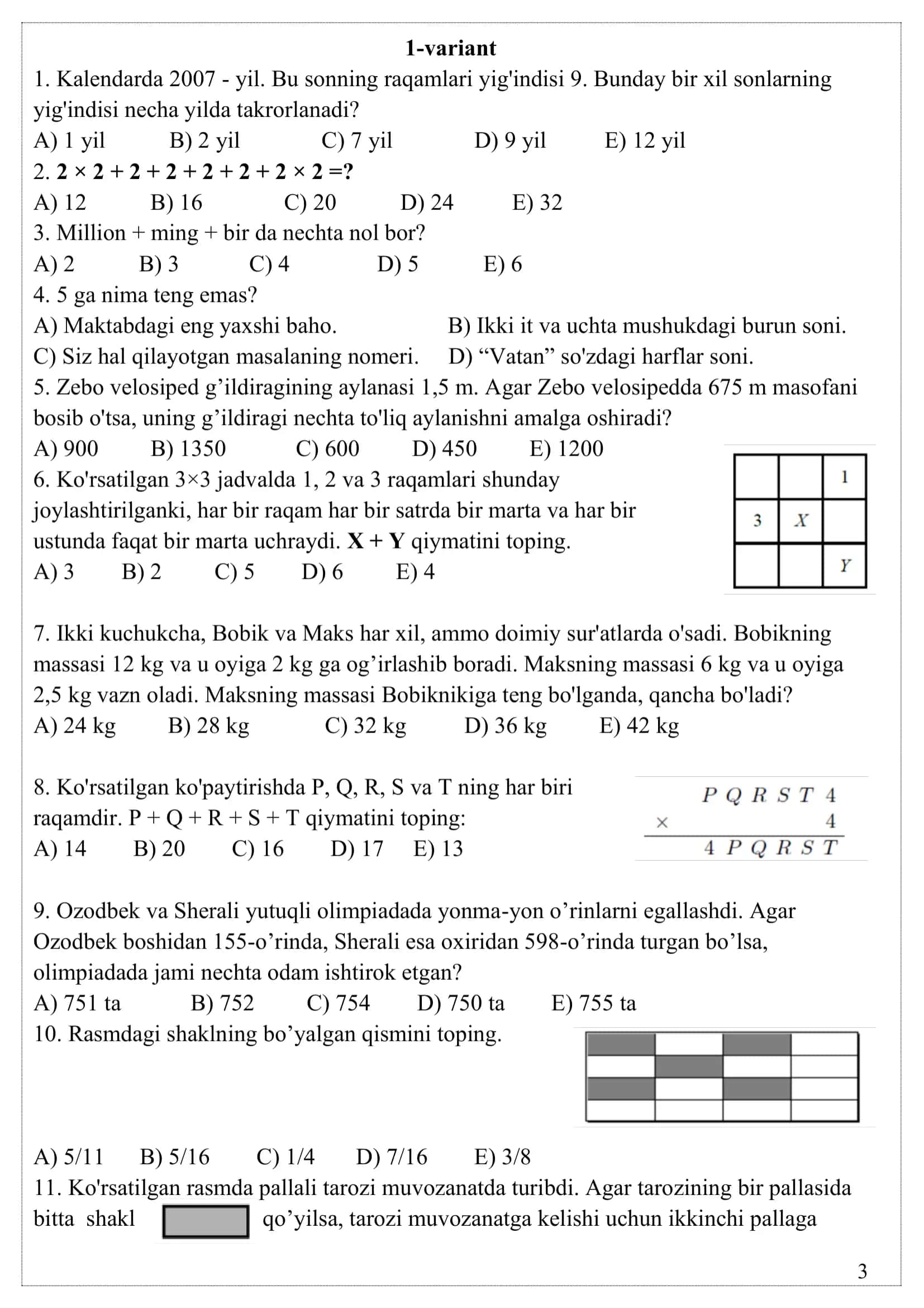 4-5-sinflar uchun matematikadan test variantlar to'plami 3