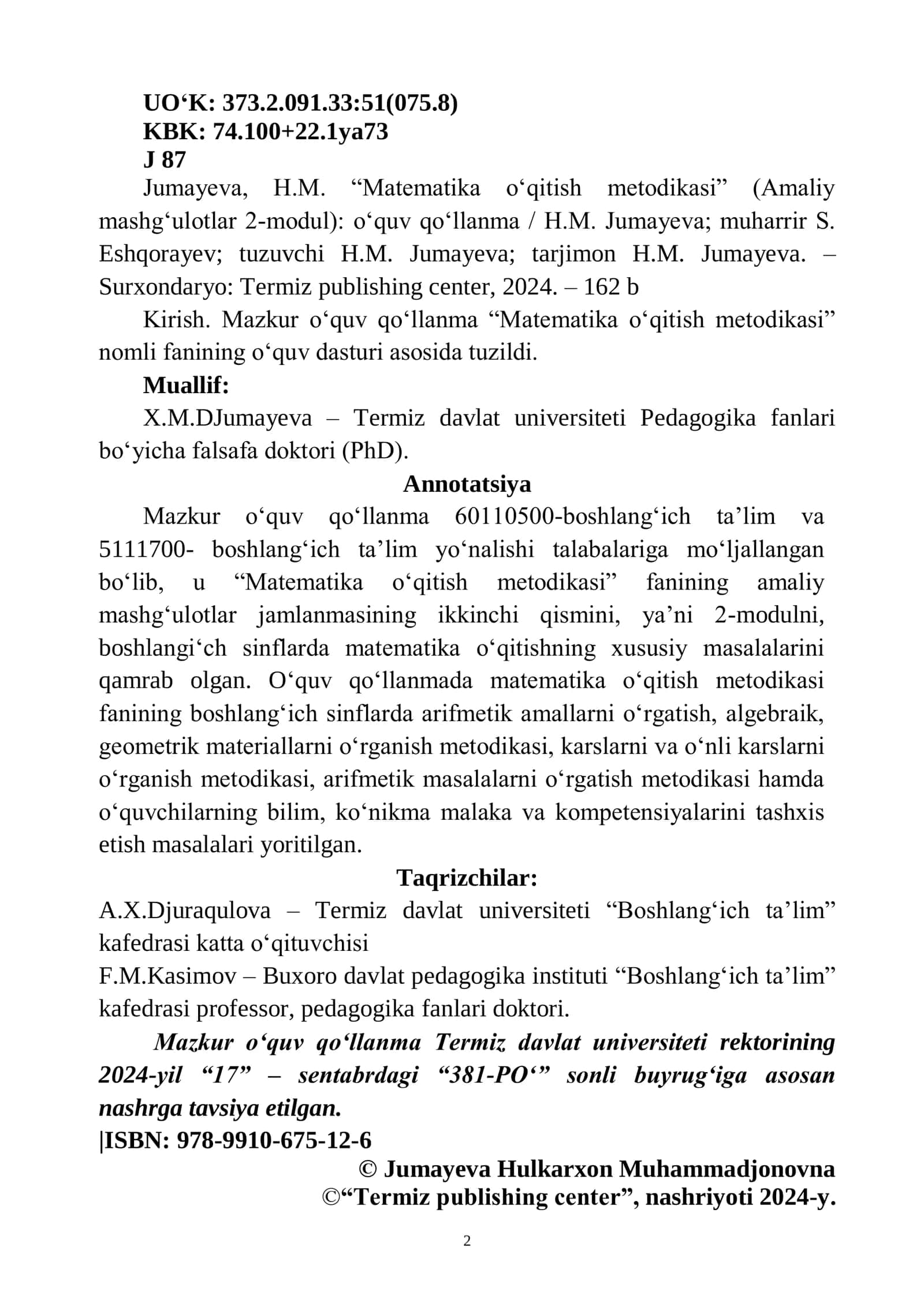 "Matematika O‘qitish Metodikasi" Amaliy mashg'ulotlar 2-modul 3