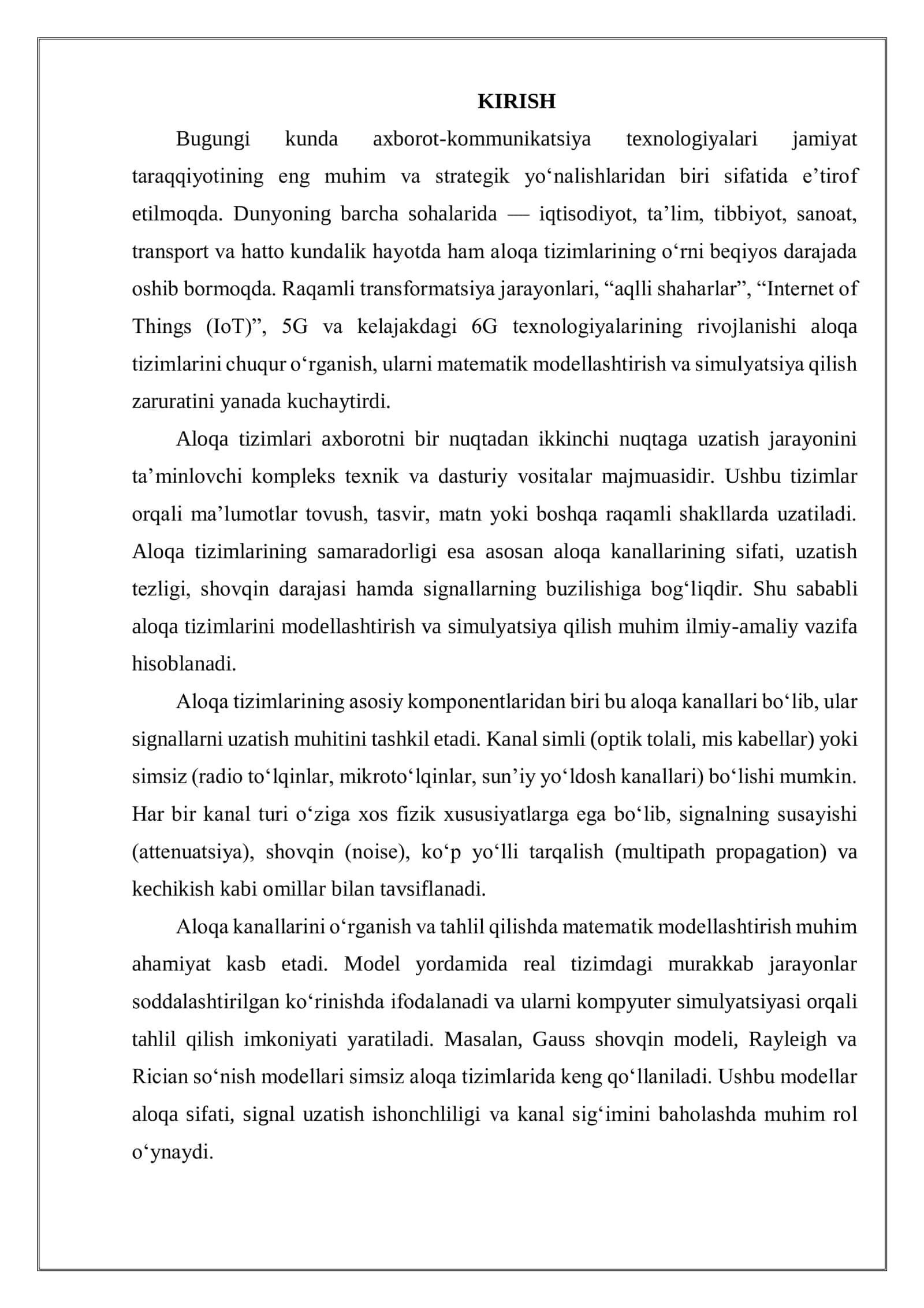Aloqa tizimlari va ularning modellari. Simsiz, mobil va sun'iy yo'ldosh aloqa kanallari va modellari 3