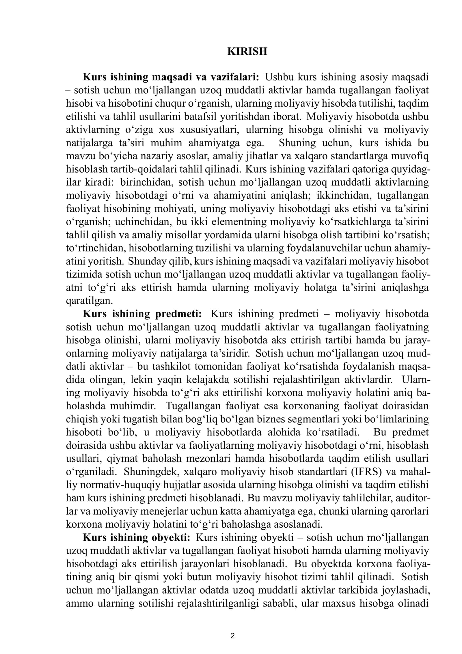 KURS ISHI: Sotish uchun mo'ljallangan uzoq muddatli aktivlar va tugallangan faoliyat hisobi va hisoboti 3