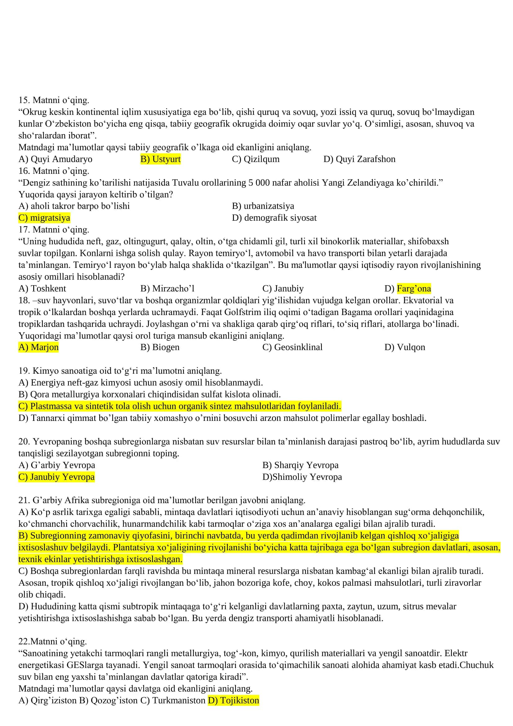Geografiya fanidan namunaviy test topshiriqlari 3