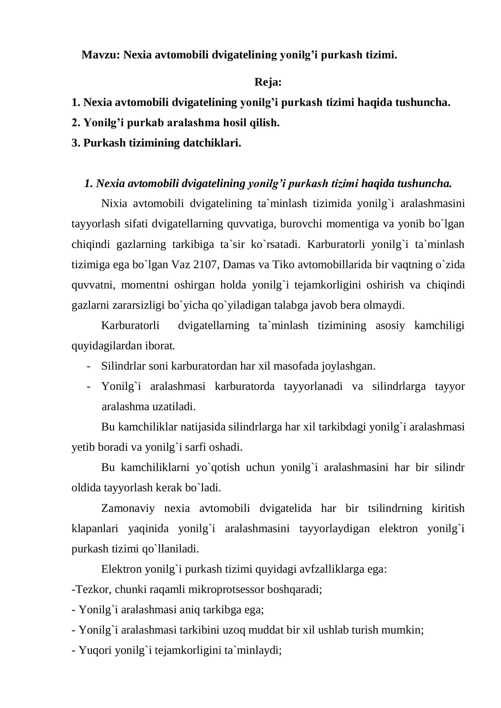 Nexia avtomobili dvigatelining yonilg’i purkash tizimi 3