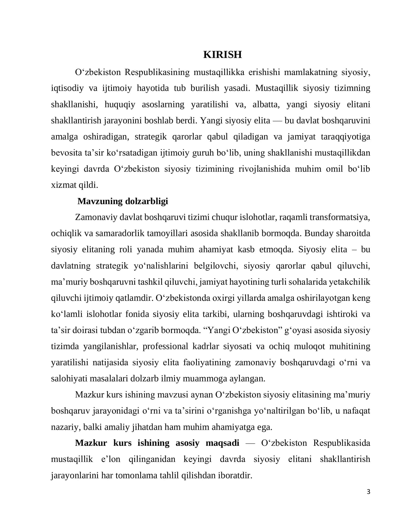 SIYOSATSHUNOSLIK TA’LIMI YO’NALISHI “SIYOSIY ELITA VA YETAKCHILIK” FANIDAN KURS ISHI 3