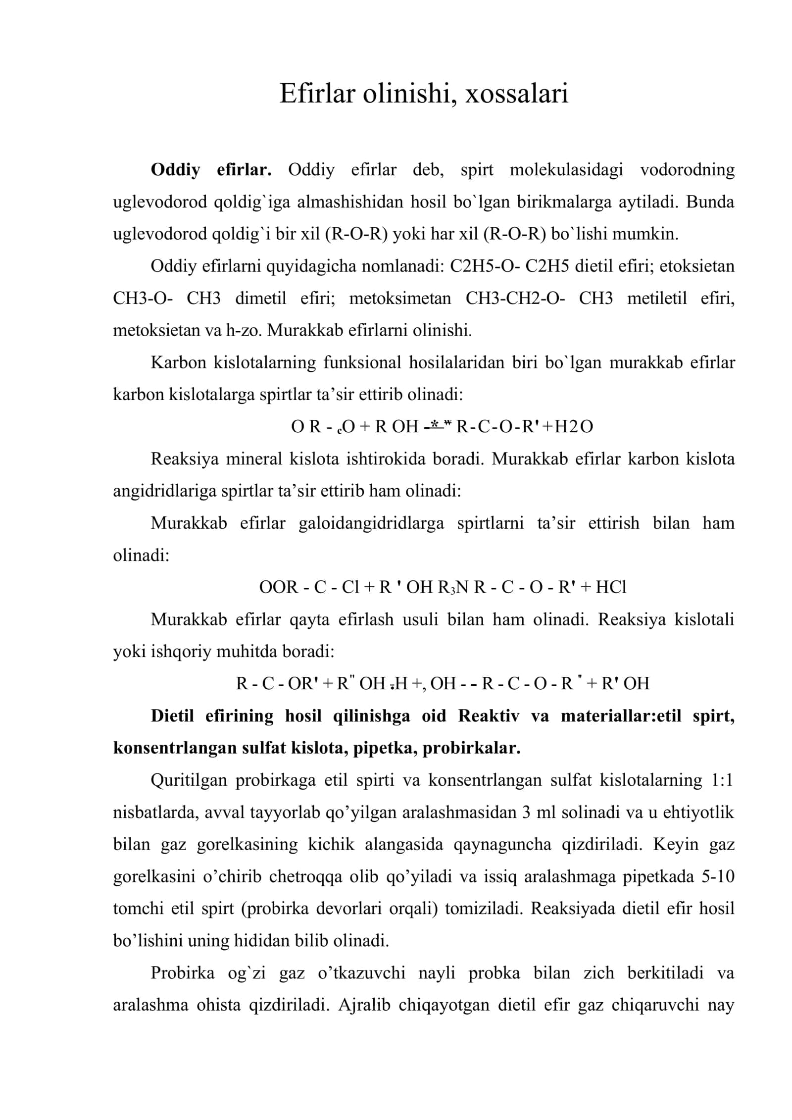 Spirtlar, olinishi va kimyoviy xossalari. Efirlar olinishi, xossalari 3