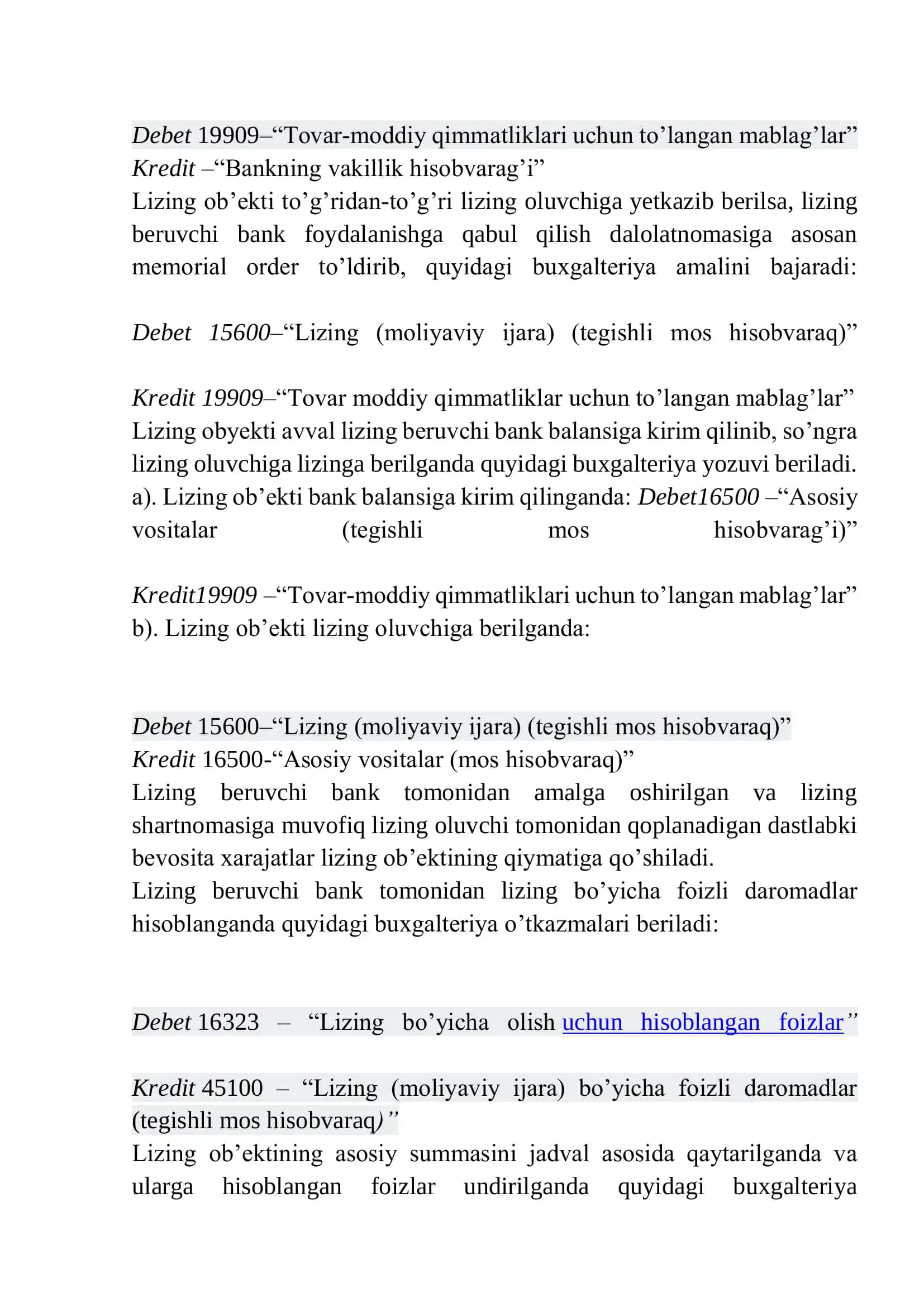 Banklarda kredit, lizing va faktoring operatsiyalarining buxgalteriya hisobi 3