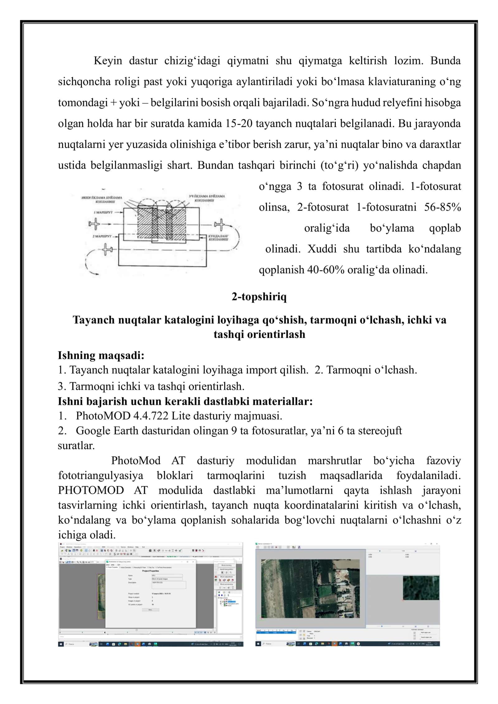 PhotoMOD dasturida loyihani yaratish, suratlarni import qilish va tarmoqni shakllantirish. 3