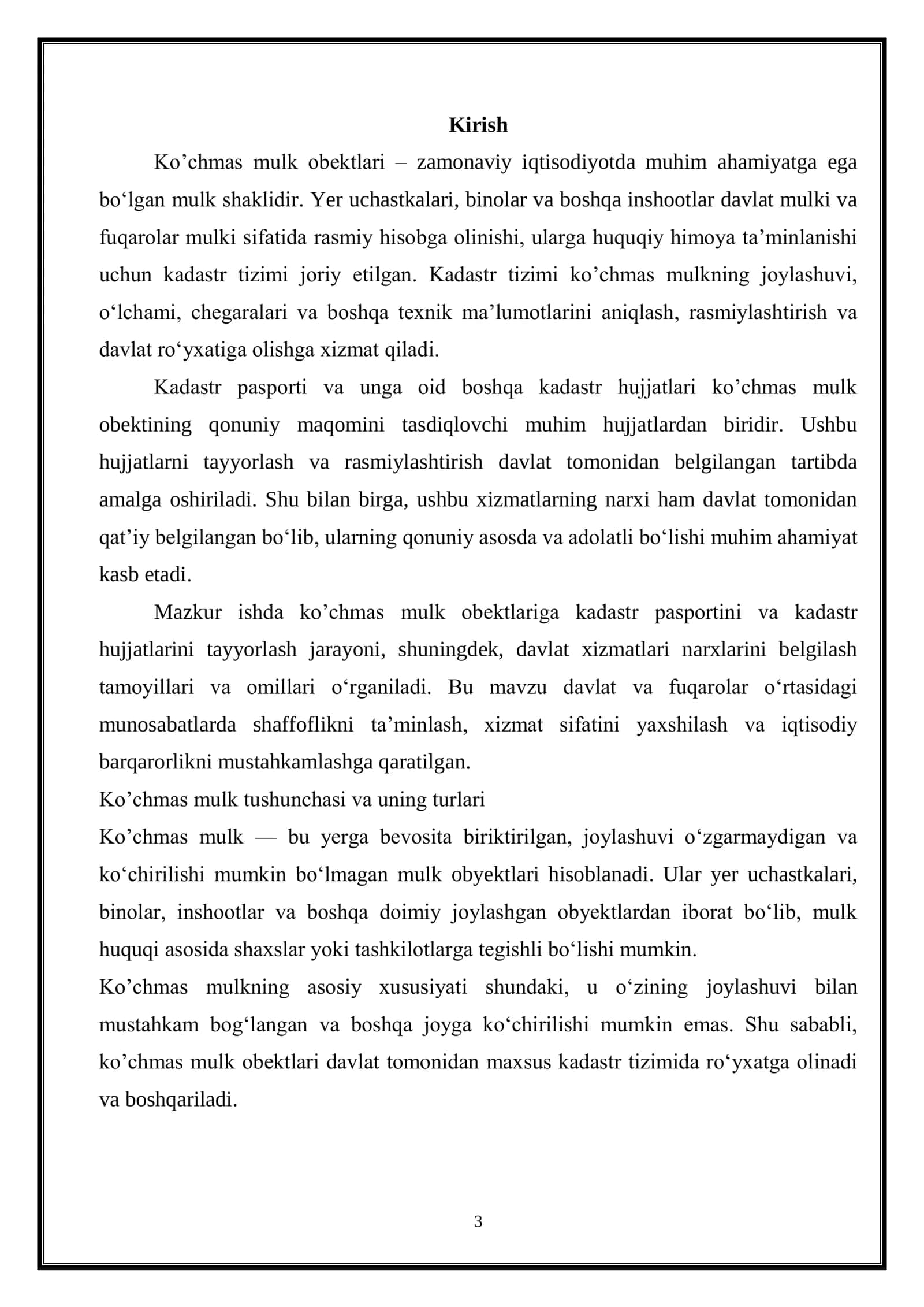 Ko‟chmas mulk obektlariga kadastr pasportini tayyorlash va kadastr xujjatlarini tayyorlash davlat xizmatlari narxini belgilash 3