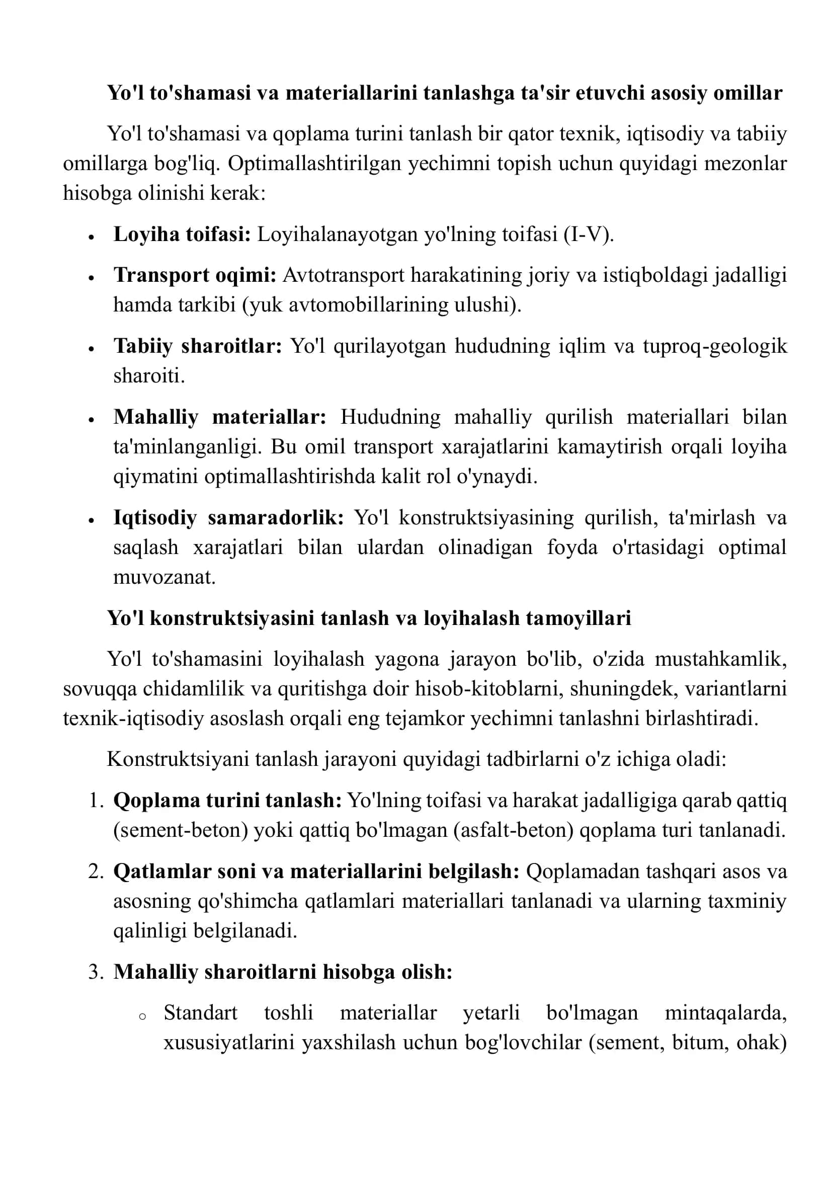 Avtomobil yo'llarini loyihalashda yo'l konstruktsiyalari va materiallarini tanlashni optimallashtirish 3