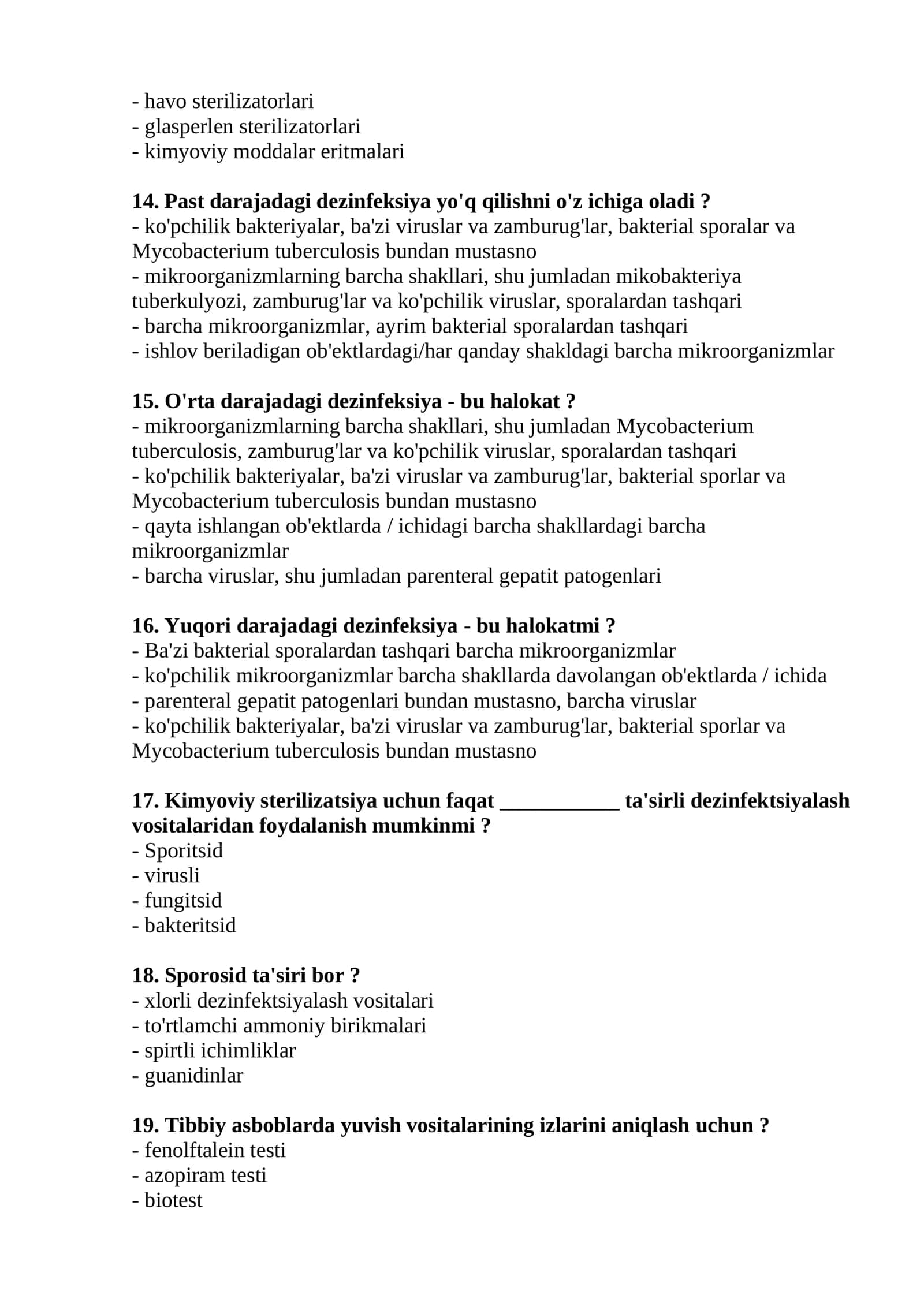 Dezinfektologiya mutaxassisligi bo'yicha shakllantirilgan test savollari ro'yxati 2026 3