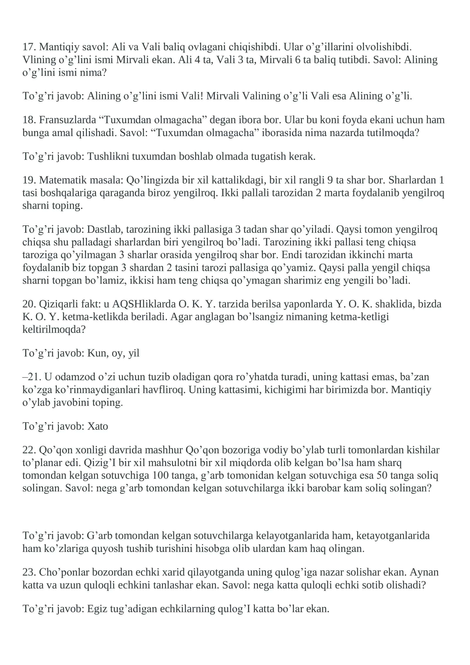 Savollar javoblari bilan mantiqiy savollar 3