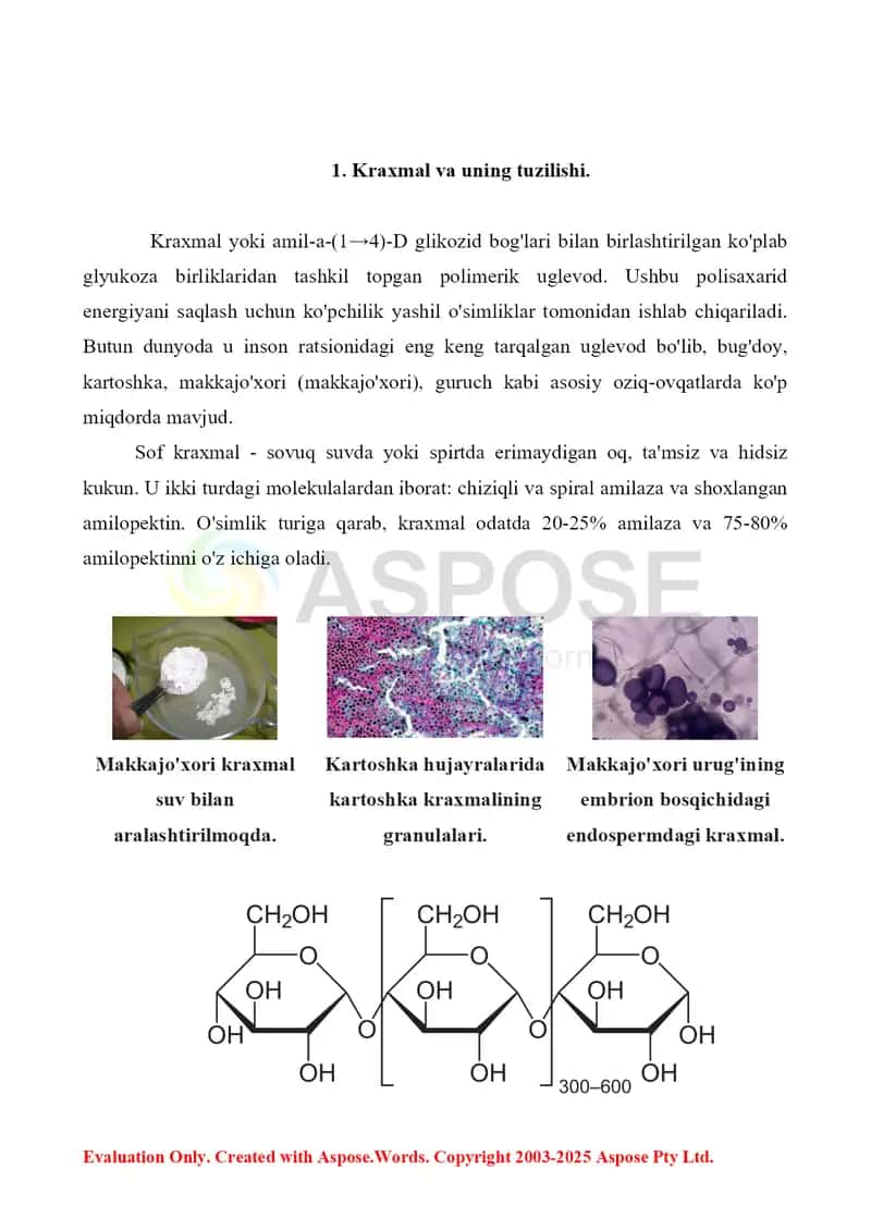 6. Kraxmal - tuzilishi, xossalari, biologik ahamiyati va qo'llanilishi. Referat 8 bet 3