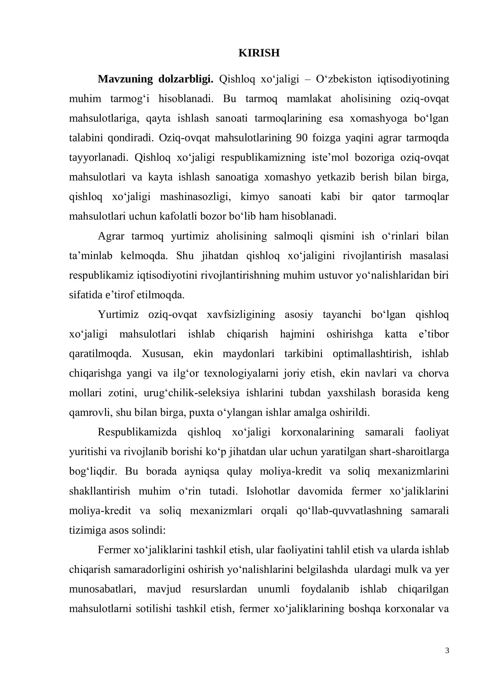 FERMER XO„JALIKLARINNIG TASHKIL TOPISHI RIVOJLANISHI VA ULARINNING QISHLOQ XO„JALIGI MAHSULOTLARI YETISHTIRISHDAGI ORNI (QASHQADARYO VILOYATI MISOLIDA) 3