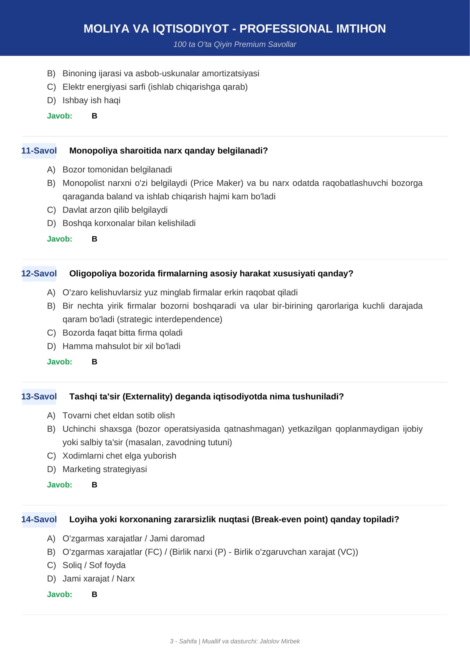Moliya va Iqtisodiyot – Professional Imtihon 3