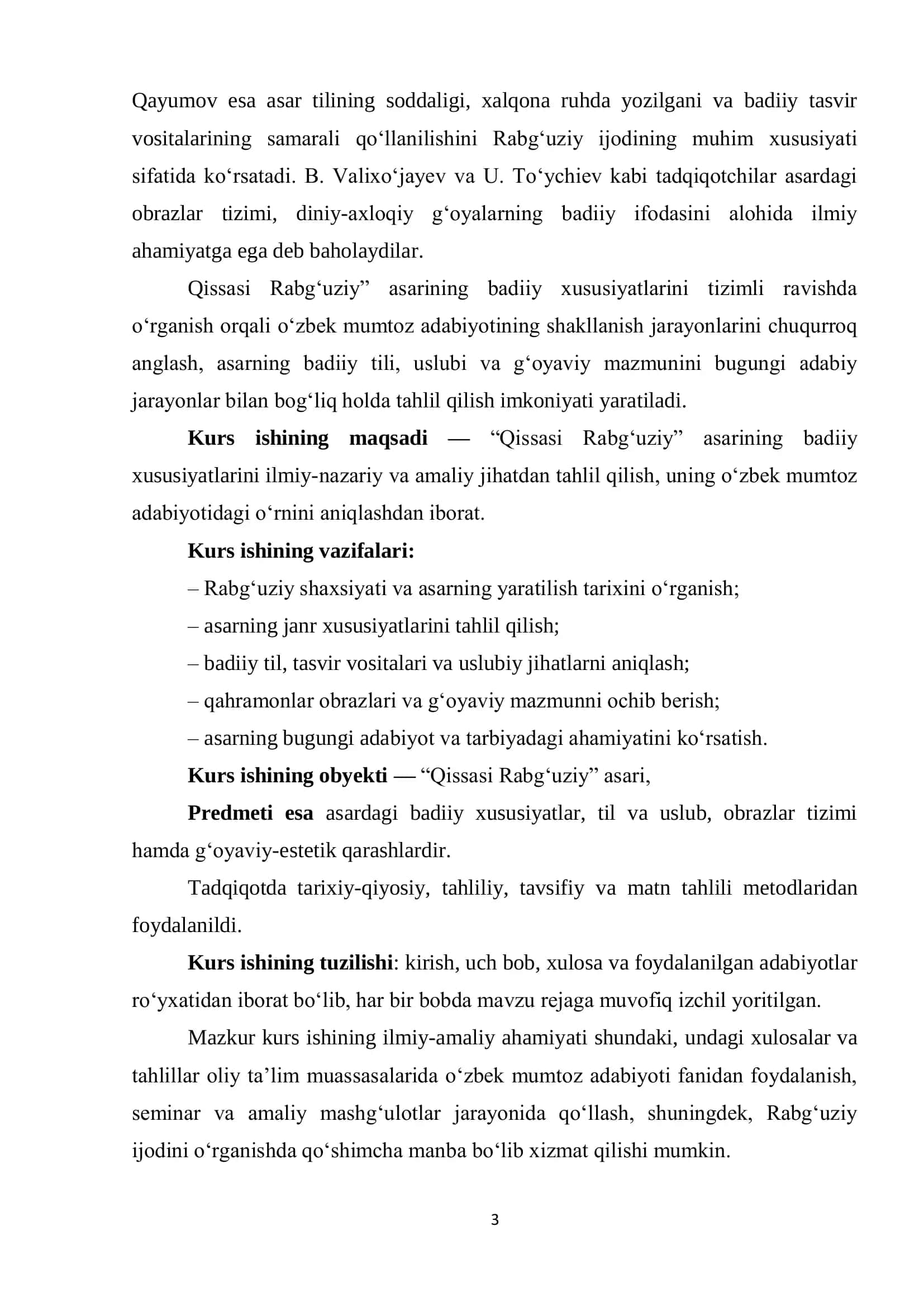 QISSASI RABGʻUZIYNING BADIIY XUSUSIYATLARI MAVZUSIDA KURS ISHI 3
