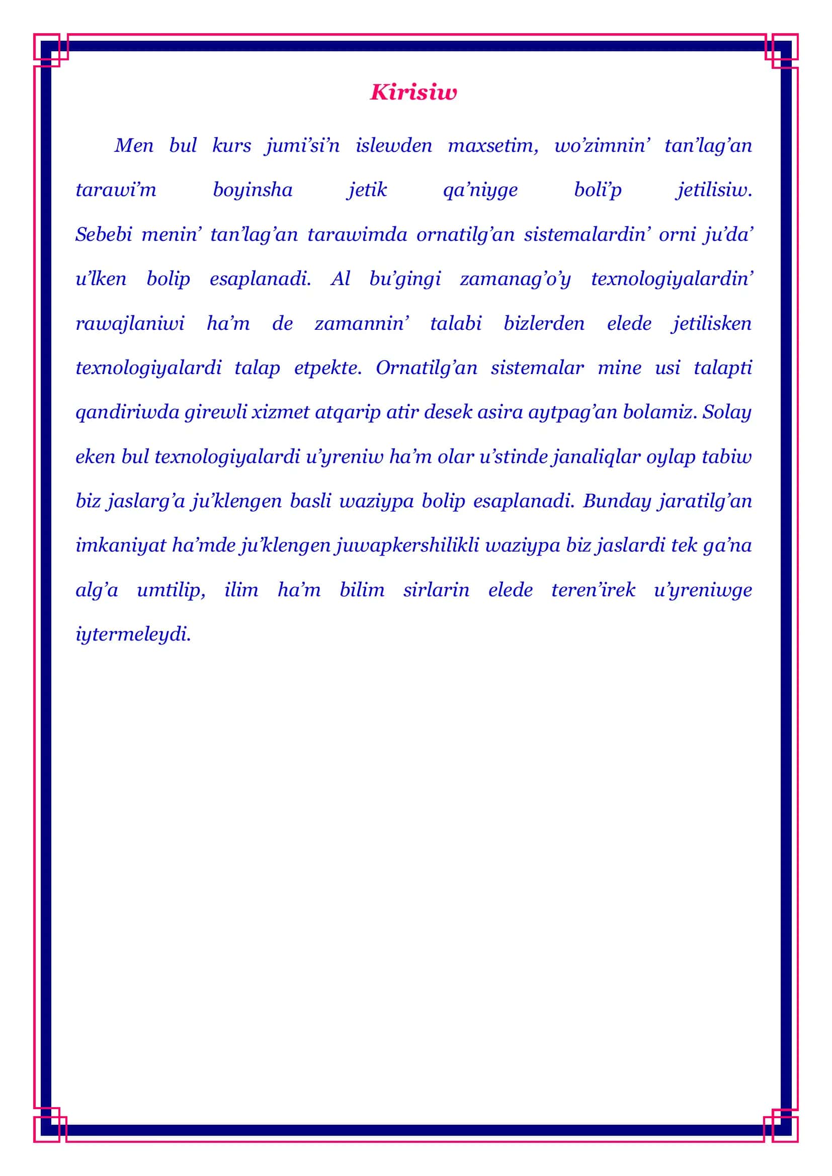 Bo’listirilgen algoritmler kurs jumısı 3