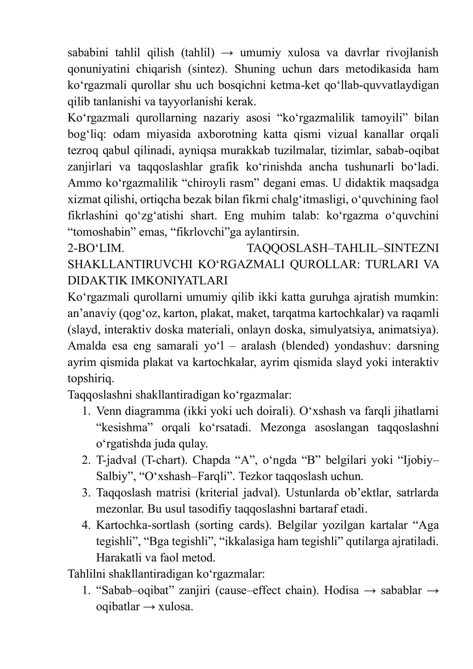 Taqqoslash, tahlil va sintez tushunchalarini shakllantirishda foydalaniladigan ko‘rgazmali qurollar tayyorlash 3