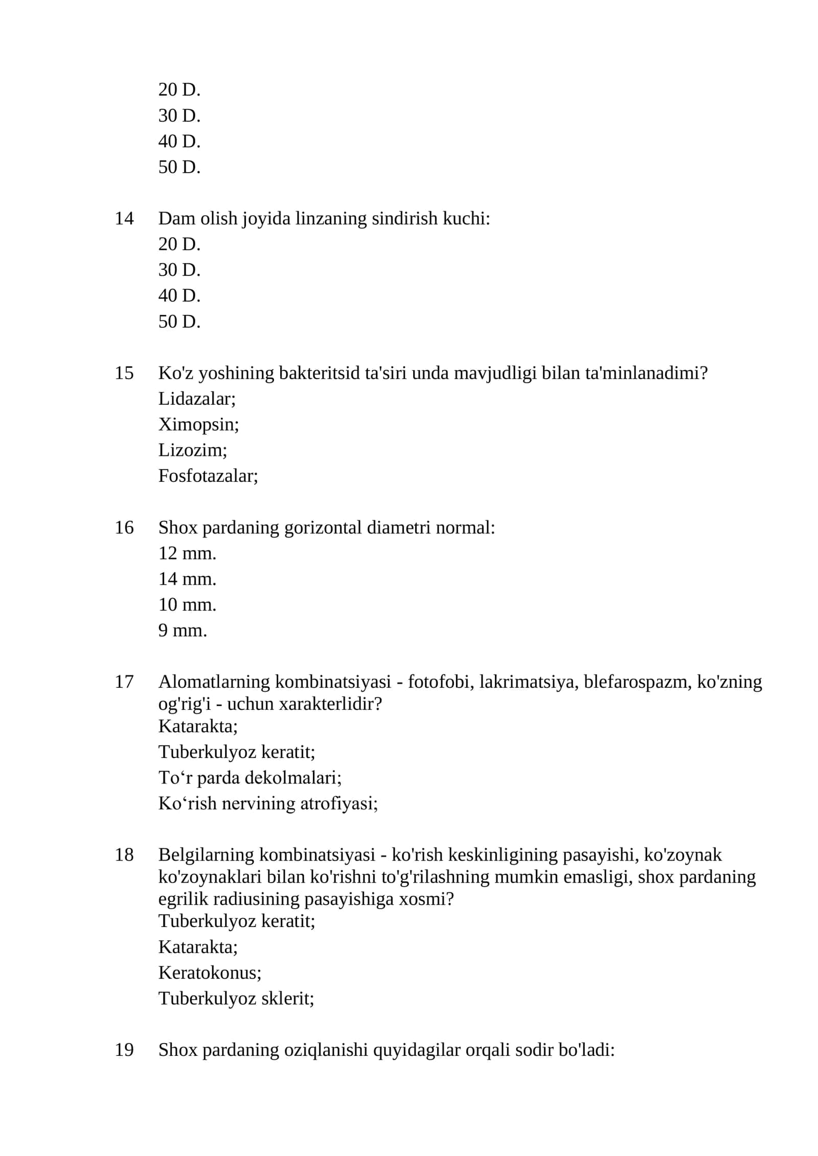 Ftiziooftalmologiya mutaxassisligi bo'yicha shakllantirilgan test savollari ro'yxati 2026 3