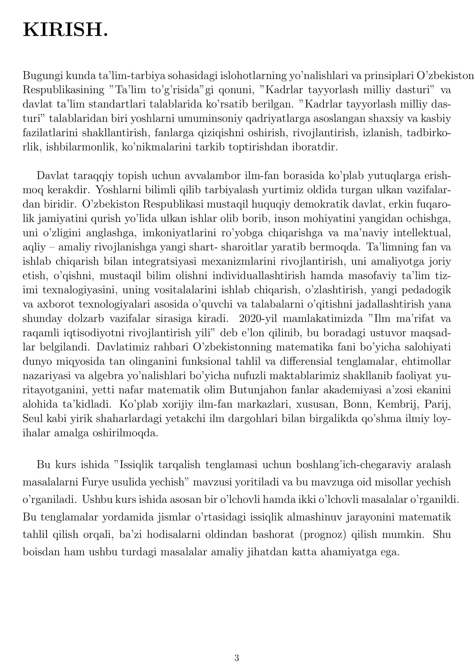 ISSIQLIK TARQALISH TENGLAMASI UCHUN BOSHLANG'ICH-CHEGARAVIY ARALASH MASALALARNI FURYE USULIDA YECHISH. 3