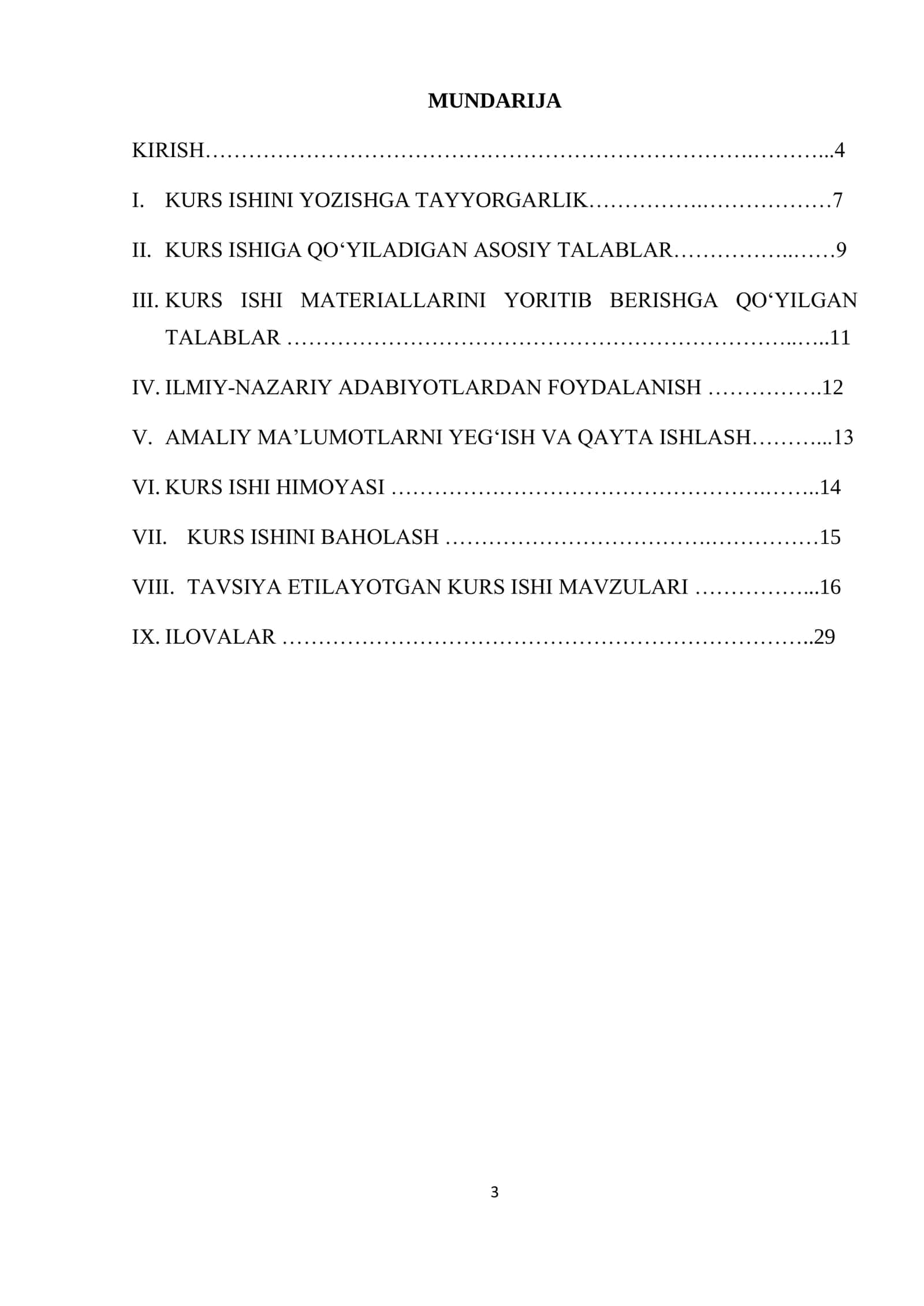Bakalavr yo‗nalishlari o‗quv rejasida ko‗zda tutilgan asosiy fanlardan kurs ishlarini bajarish 3