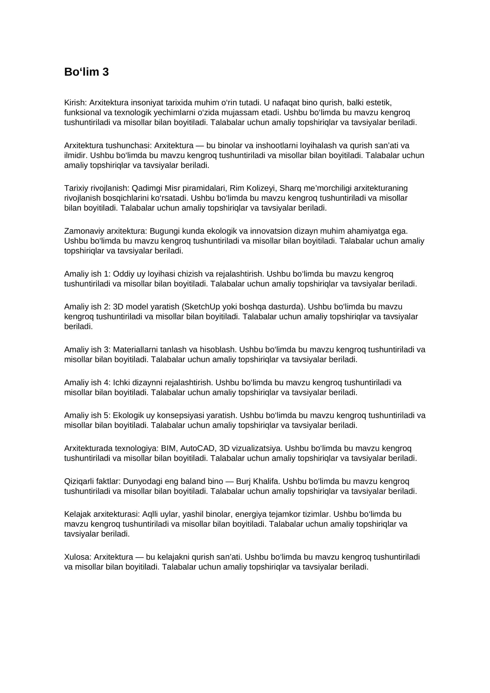 Arxitektura fanidan amaliy ishlar (Referat) 3