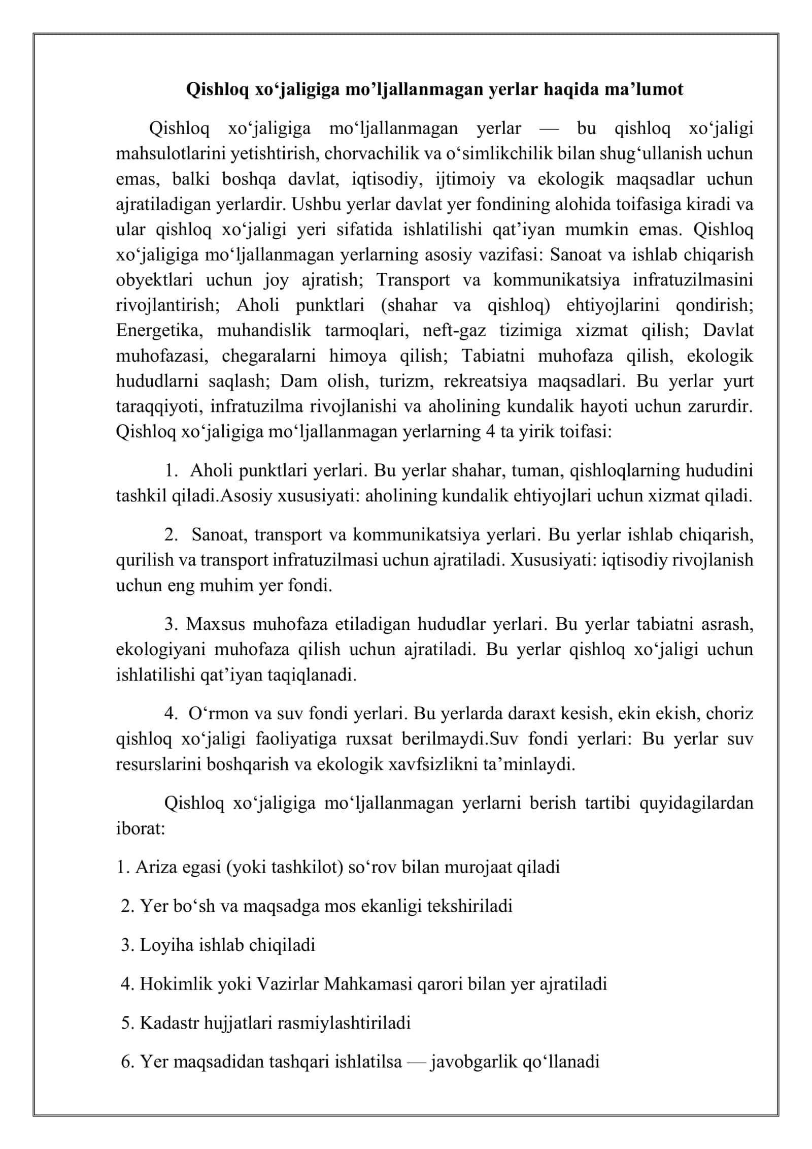 Qishloq xo’jaligiga mo’ljallanmagan yer uchastkalarini xususiy mulk sifatida sotish 3