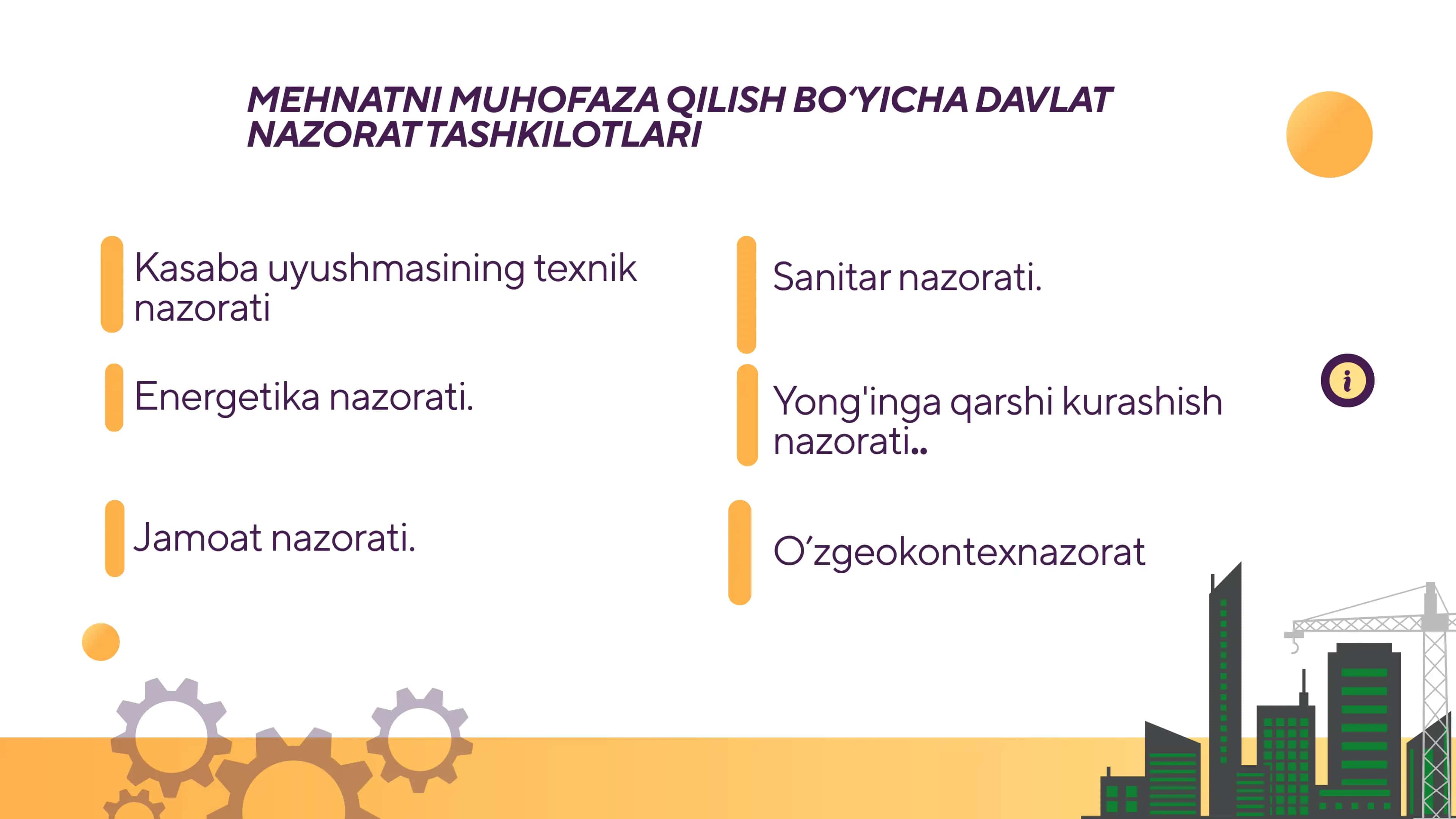 Mehnat muhofazasi va xavfsizlik texnikasini ta'minlanishda nazorat shakllari, nazorat qiluvchi tashkilotlar va vakolatli organlar vazifalari va vakolatlari. Mehnatni muxofaza qilish qoidalari buzilganligidagi javobgarlik 3