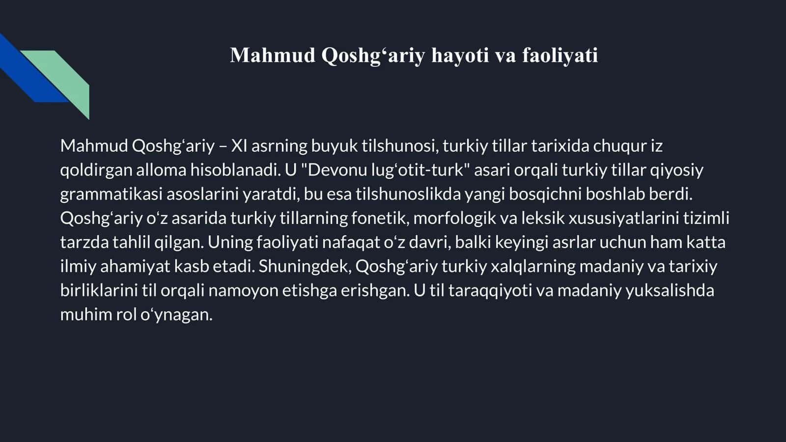 Mahmud Qoshgʻariy turkiy tillar qiyosiy grammatikasining asoschisi. Alisher Navoiyning lisoniy qarashlari 3