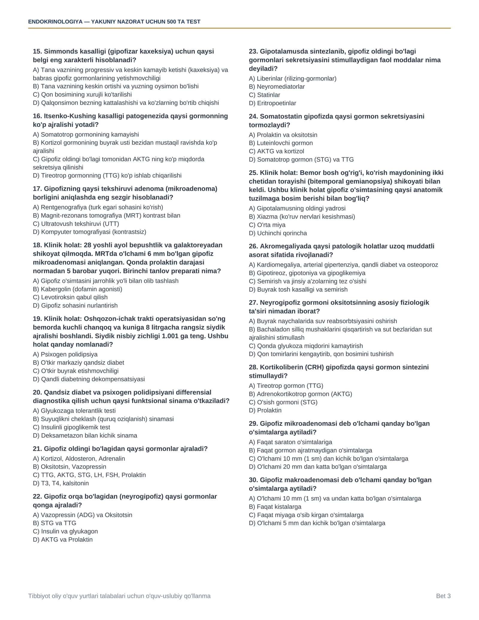 Endokrinologiya — yakuniy nazorat uchun 500 ta test savoli + javoblari 3