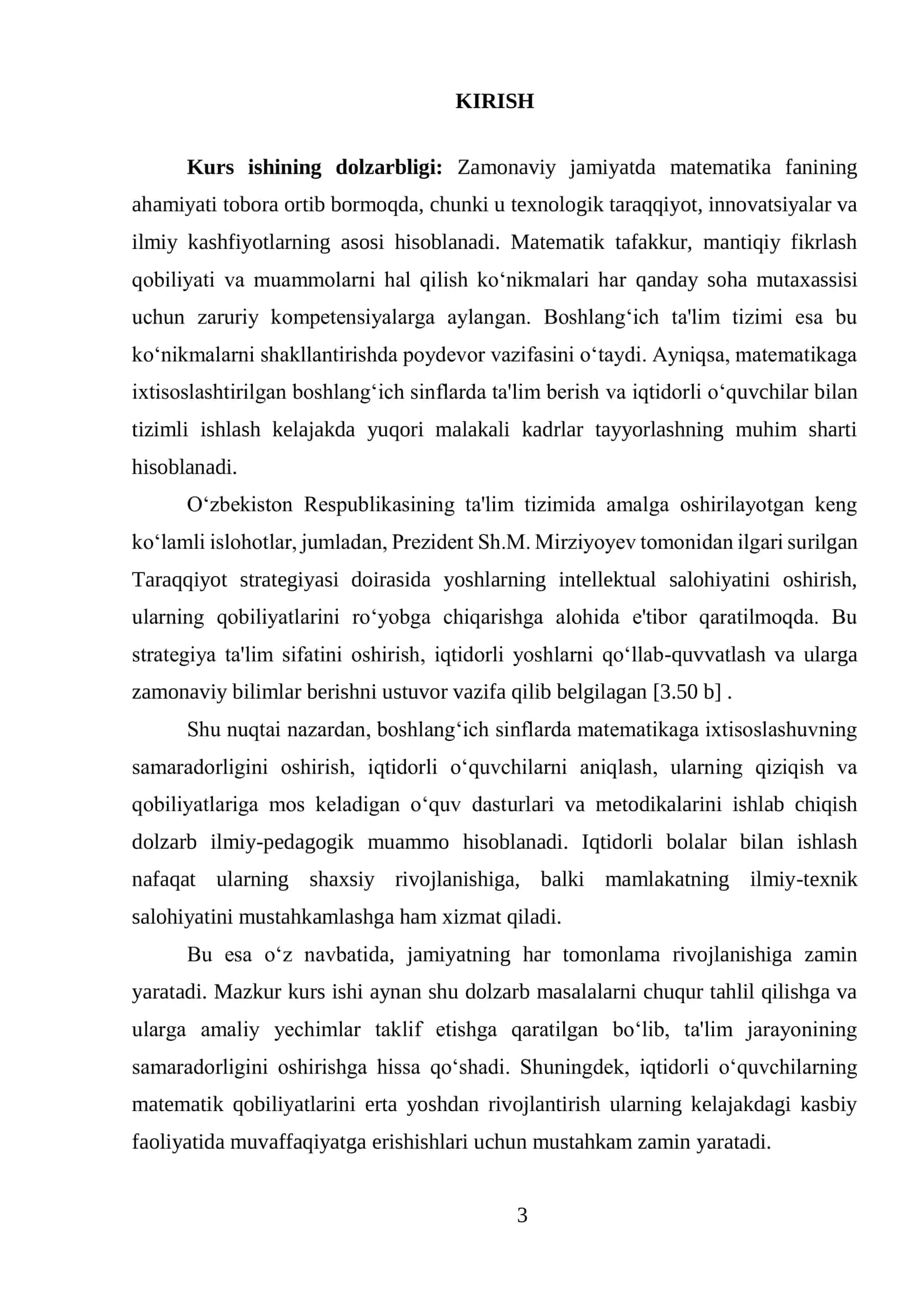 MATEMATIKAGA IXTISOSLASHTIRILGA BOSHLANGICH SINFLARDA MATEMATIKA O'QITISH. IQTIDORLI O'QUVCHILAR BILAN ISHLASH 3
