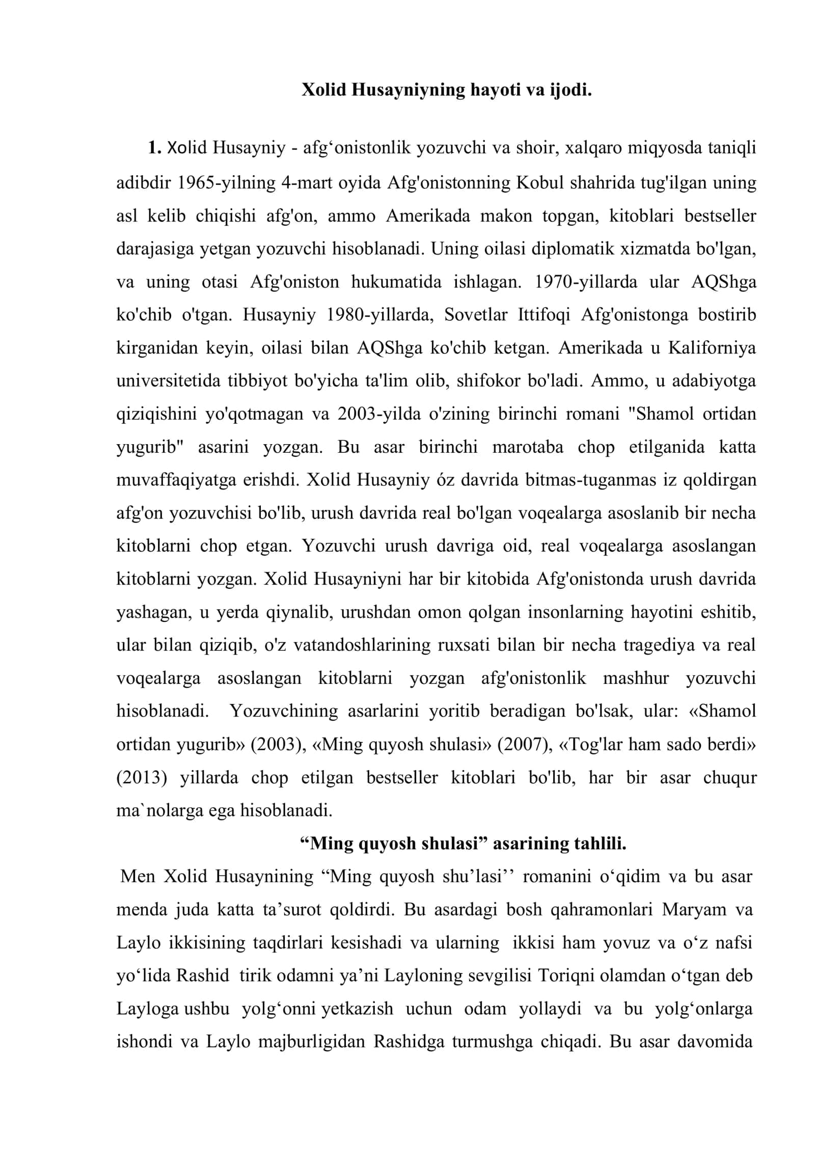 XOLID HUSAYNIYNING ’’MING QUYOSH SHULASI’’ ROMANI REFERATI 3