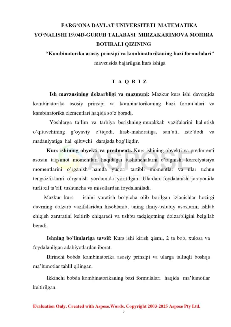 Kombinatorika asosiy prinsipi va kombinatorikaning bazi formulalari. 3
