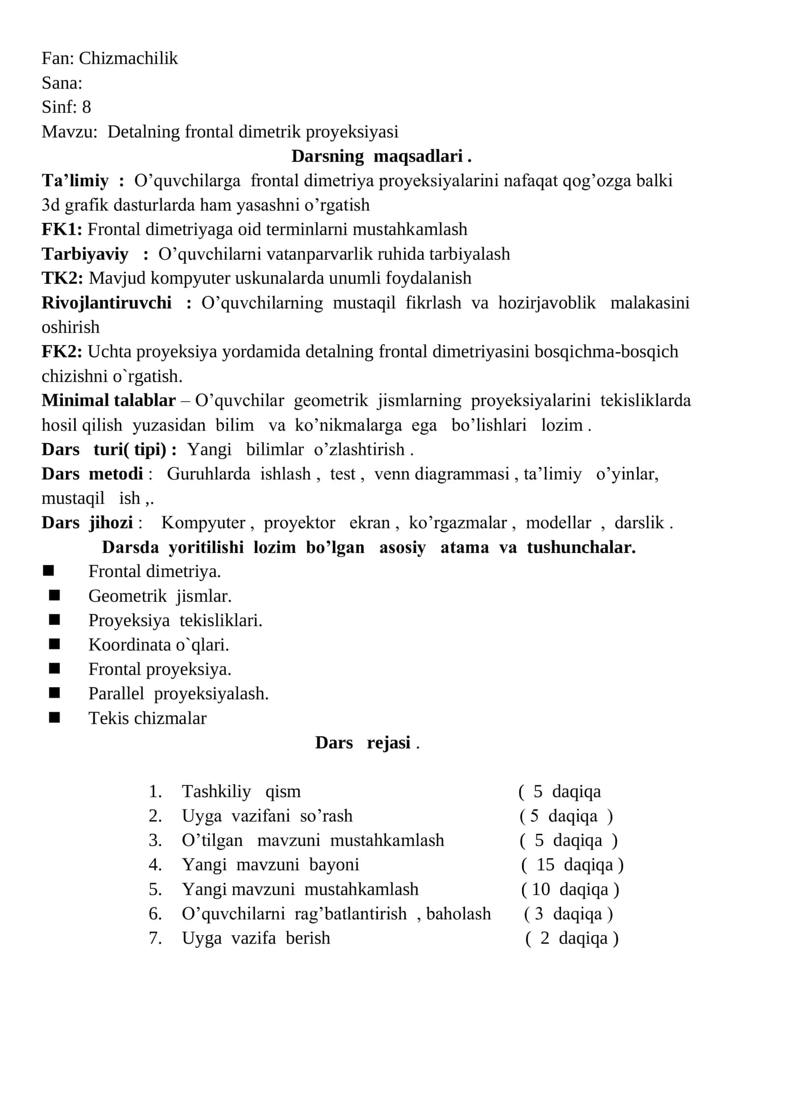 8-sinf Chizmachilik fanidan Detalning frontal dimetrik proyeksiyasi mavzuda dars ishlanma 3