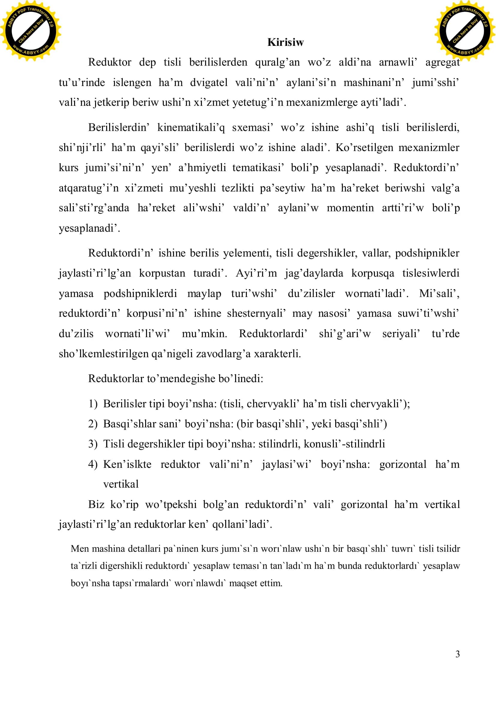 MASHINA-MEXANIZMLER TEORIYASI, MASHINA DETALLARI HA'M KO'TERIW-TU'SIRIW MASHINALARI 3