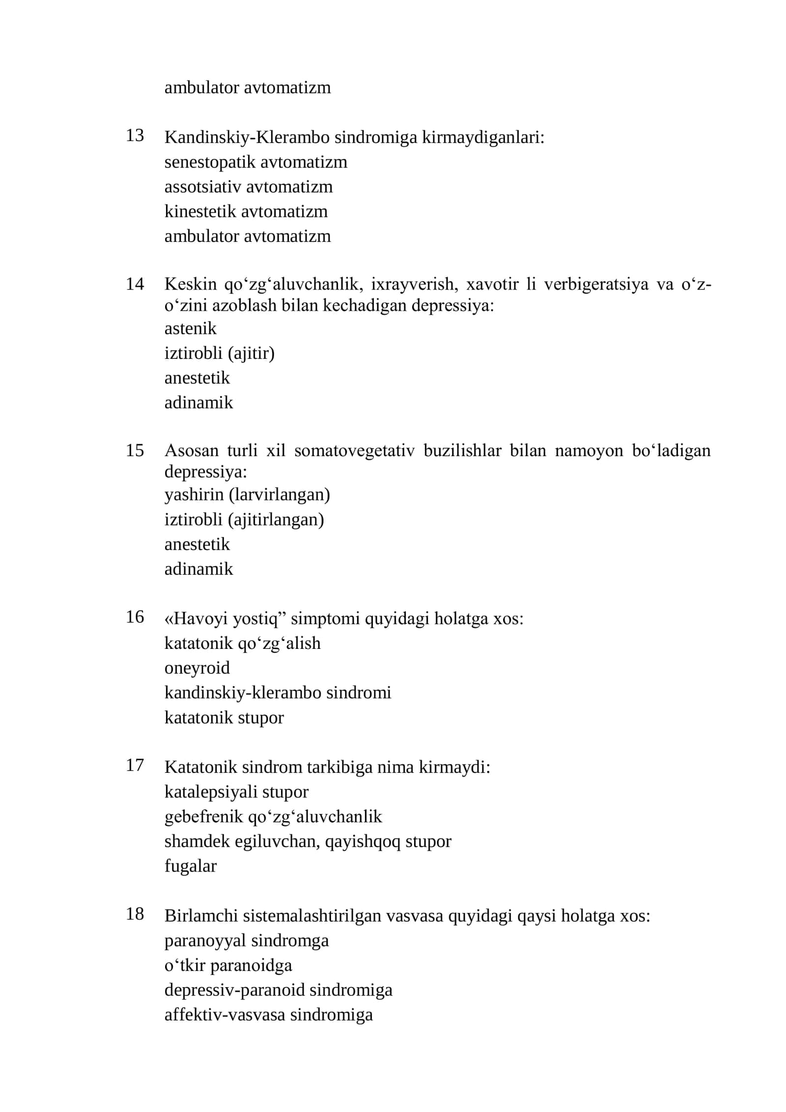 Narkologiya mutaxassisligi boʻyicha shakllantirilgan test savollari roʻyxati 2026 3