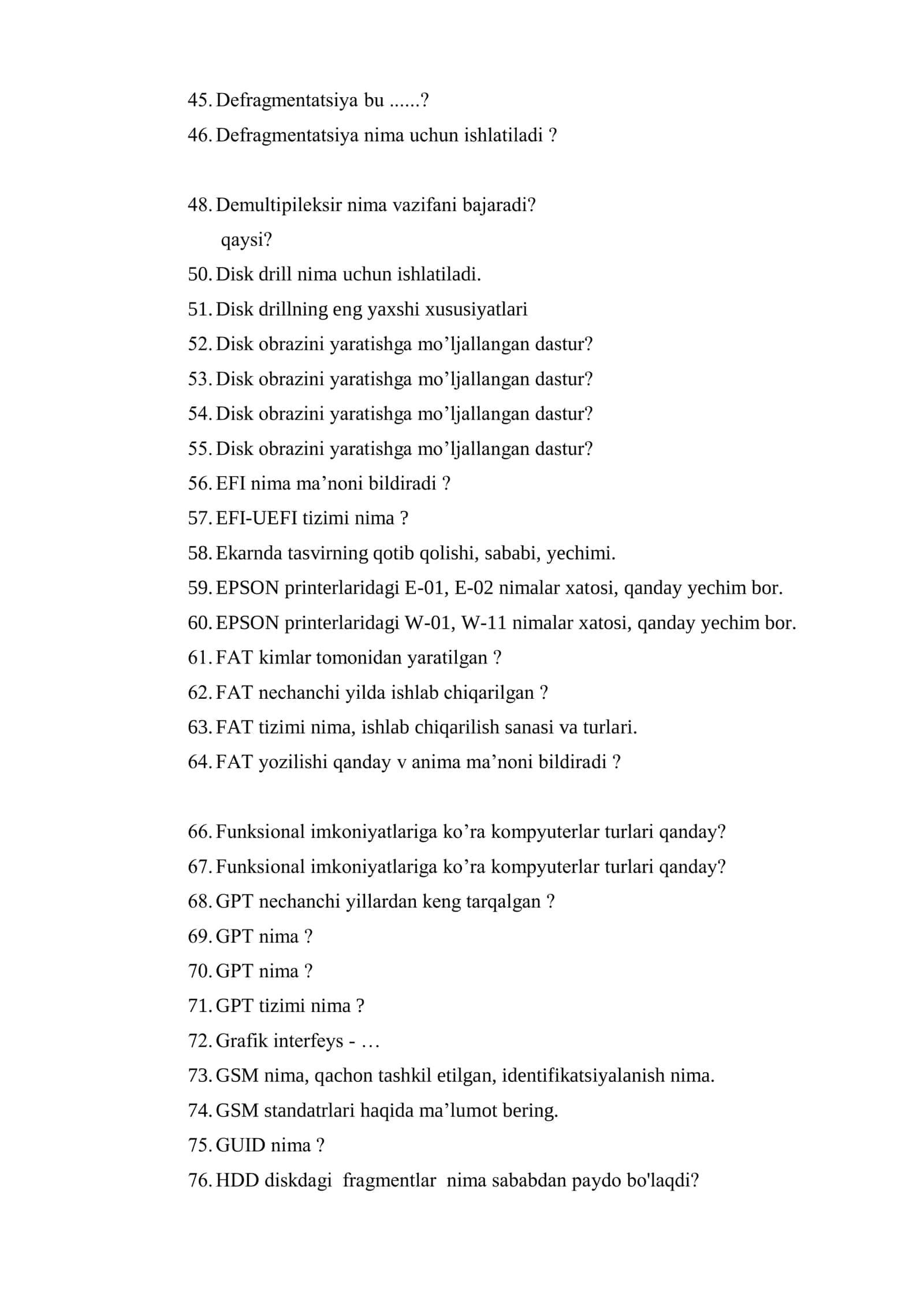 Kompyuterga texnik xizmat ko’rsatish fanidan ON savollari 3