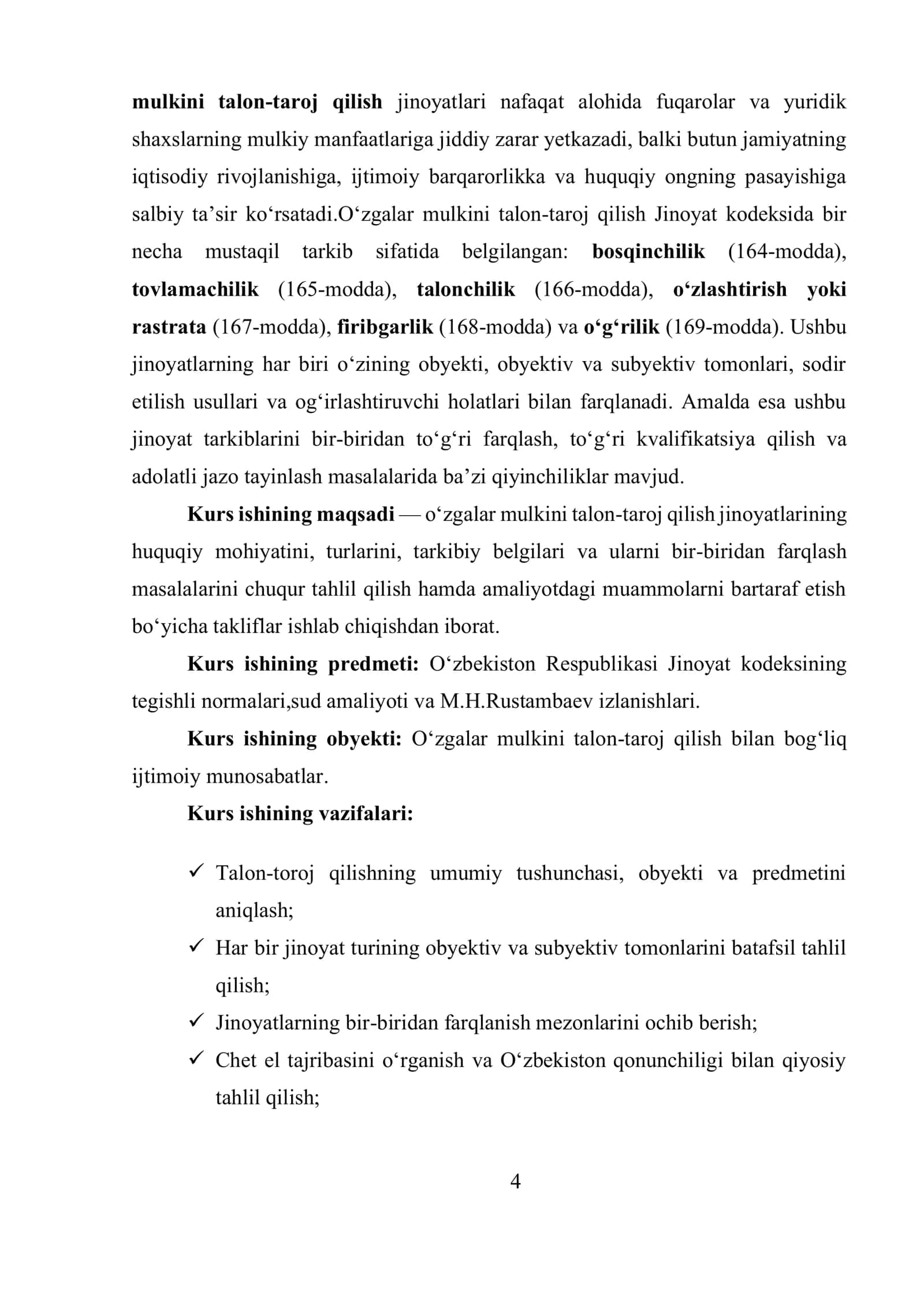 Jinoyat huquqi. Oʻzgalarni mulkini talon taroj qilish boyicha tushuncha kurs ishi 3