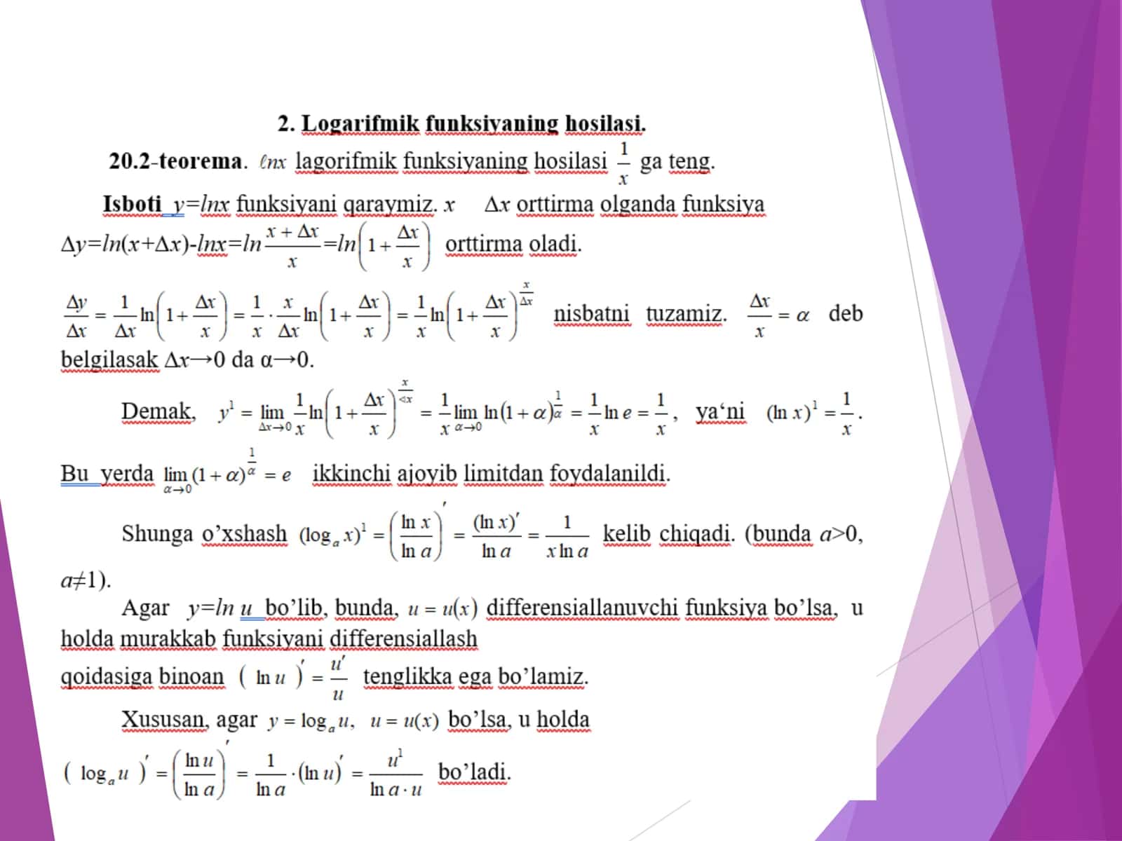 Bir o’zgaruvchili funksiya hosilasi va differensiali 3