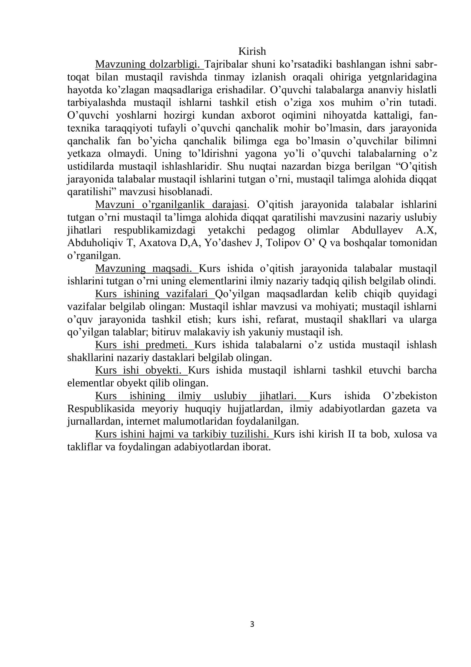 O‟qitish jarayonida talabalar mustaqil ishlarini tutgan o‟rni 3