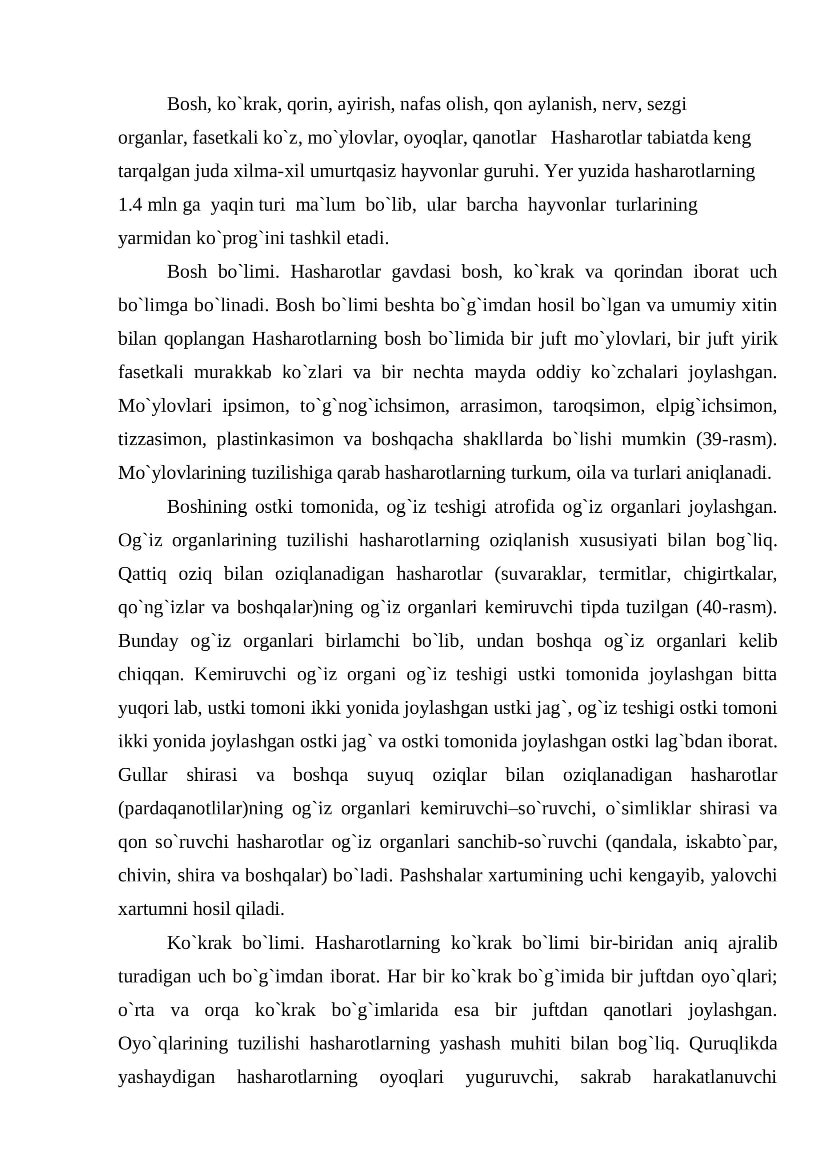 Hasharotlar sinfi, tashqi va ichki tuzilishi 3