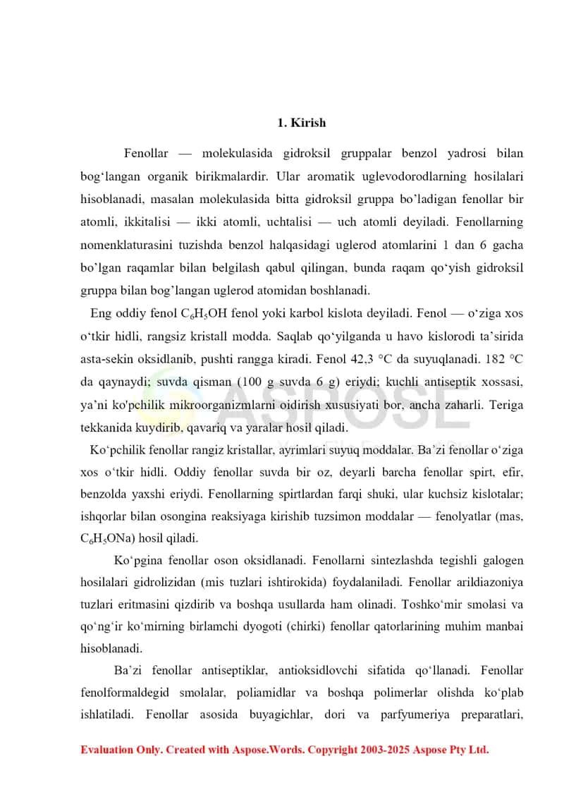 10. Bir va ikki atomli fenollarning olinish usullari. Pikrin kislota 2. Referat 16 bet 3