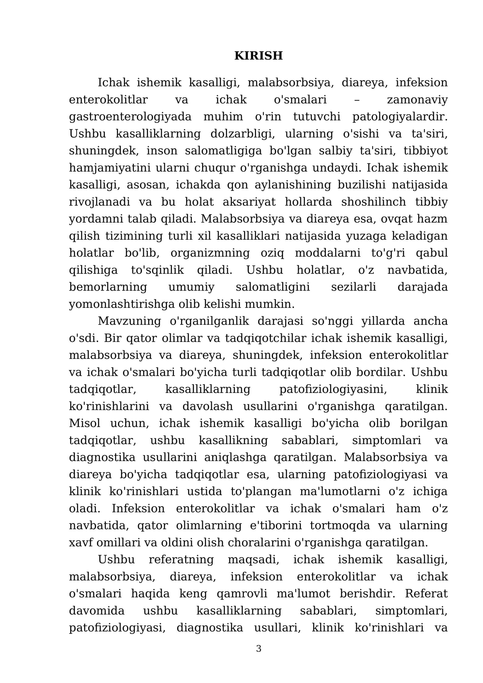Ichak ishemik kasalligi. Malabsorbsiya va diareya. Infeksion enterokolitlar, ichak o'smalari 3