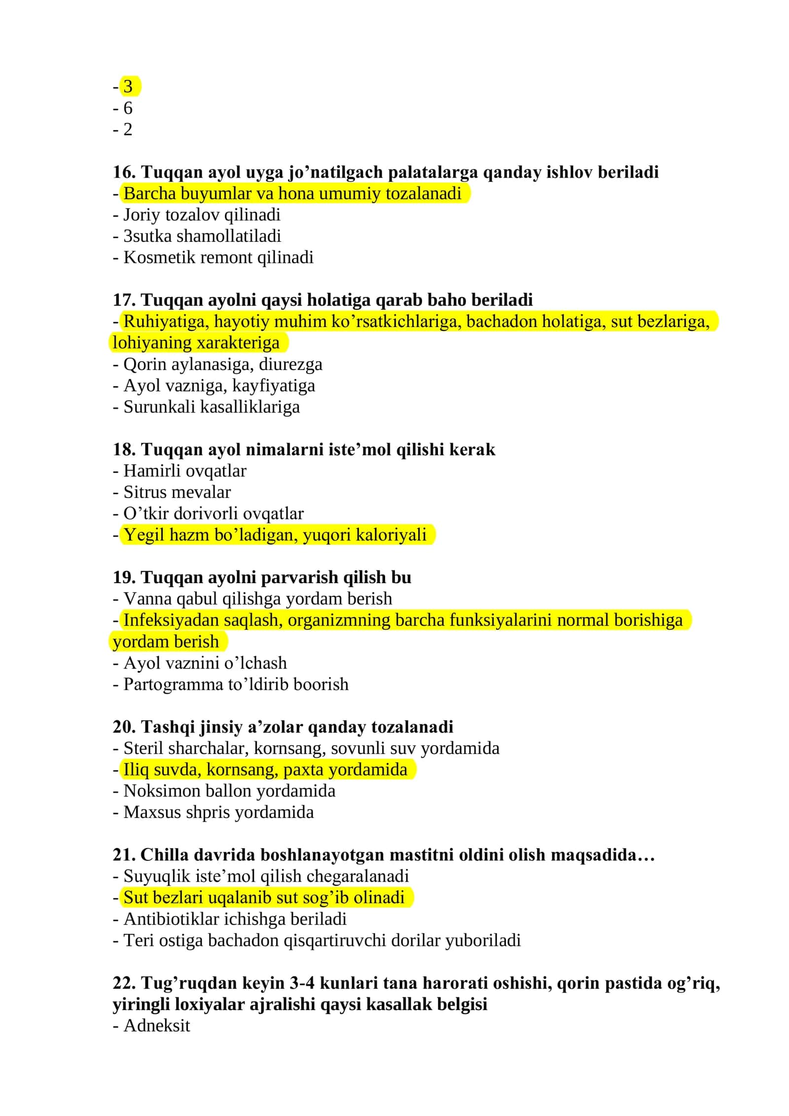 Akusherlik ishi bo'yicha argos test savol javoblari bilan 3