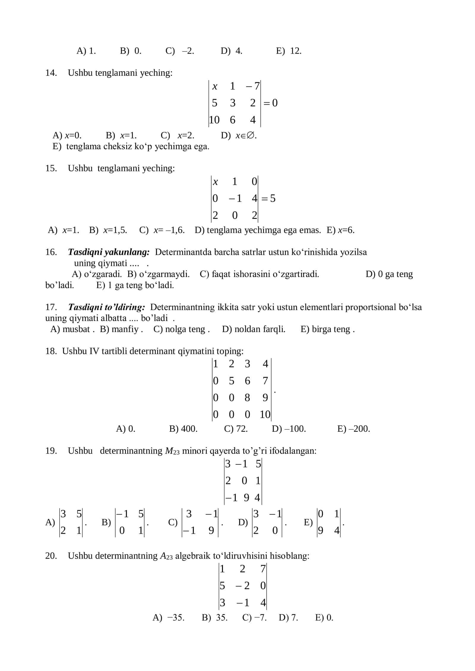 Talabalar uchun chiziqli algebra fanidan testlar to'plami 3